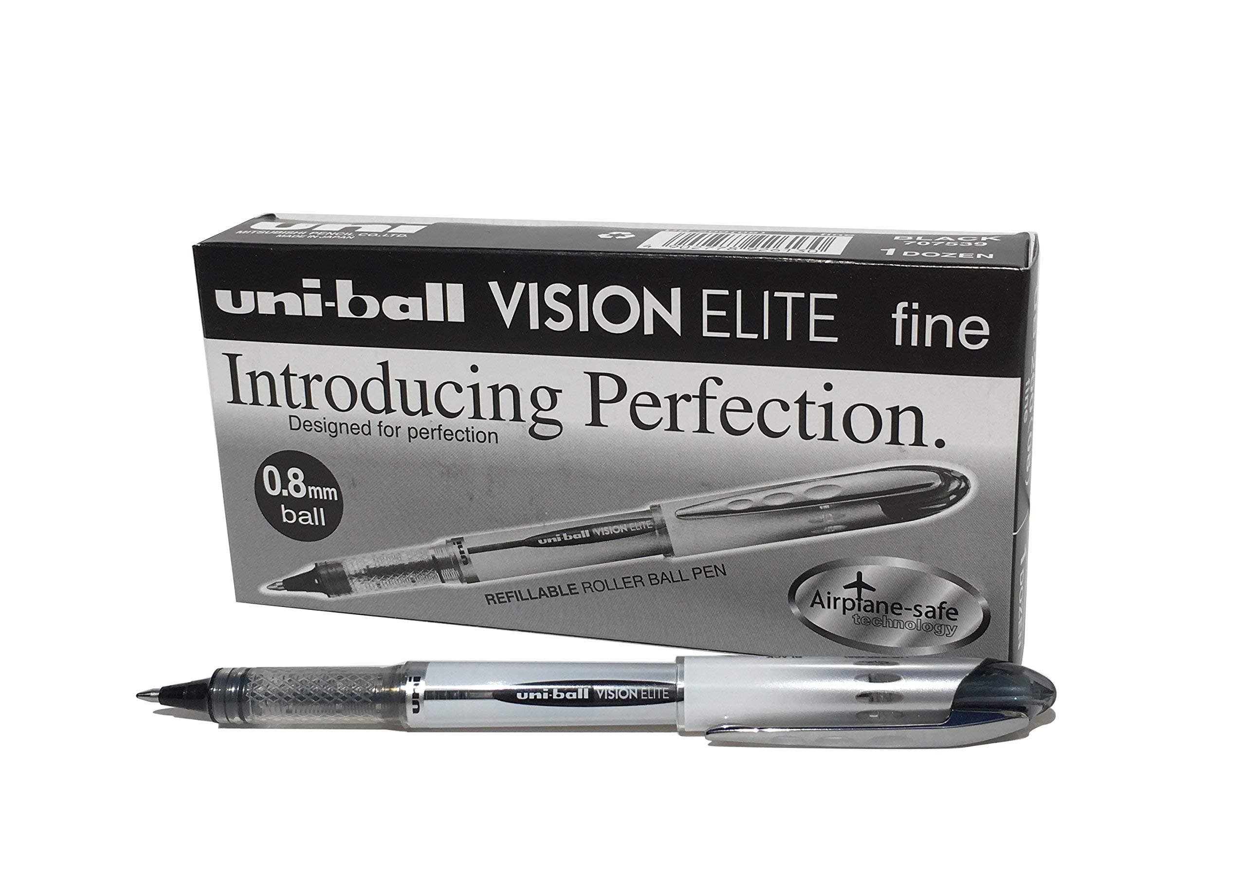 UB-200 Vision Elite Black Rollerball Pens. Medium 0.8mm Ballpoint Tip for Super Smooth Handwriting, Drawing, Art, Colouring, Journaling. Fade and Water Resistant Liquid Uni Super Ink. 12 Pack