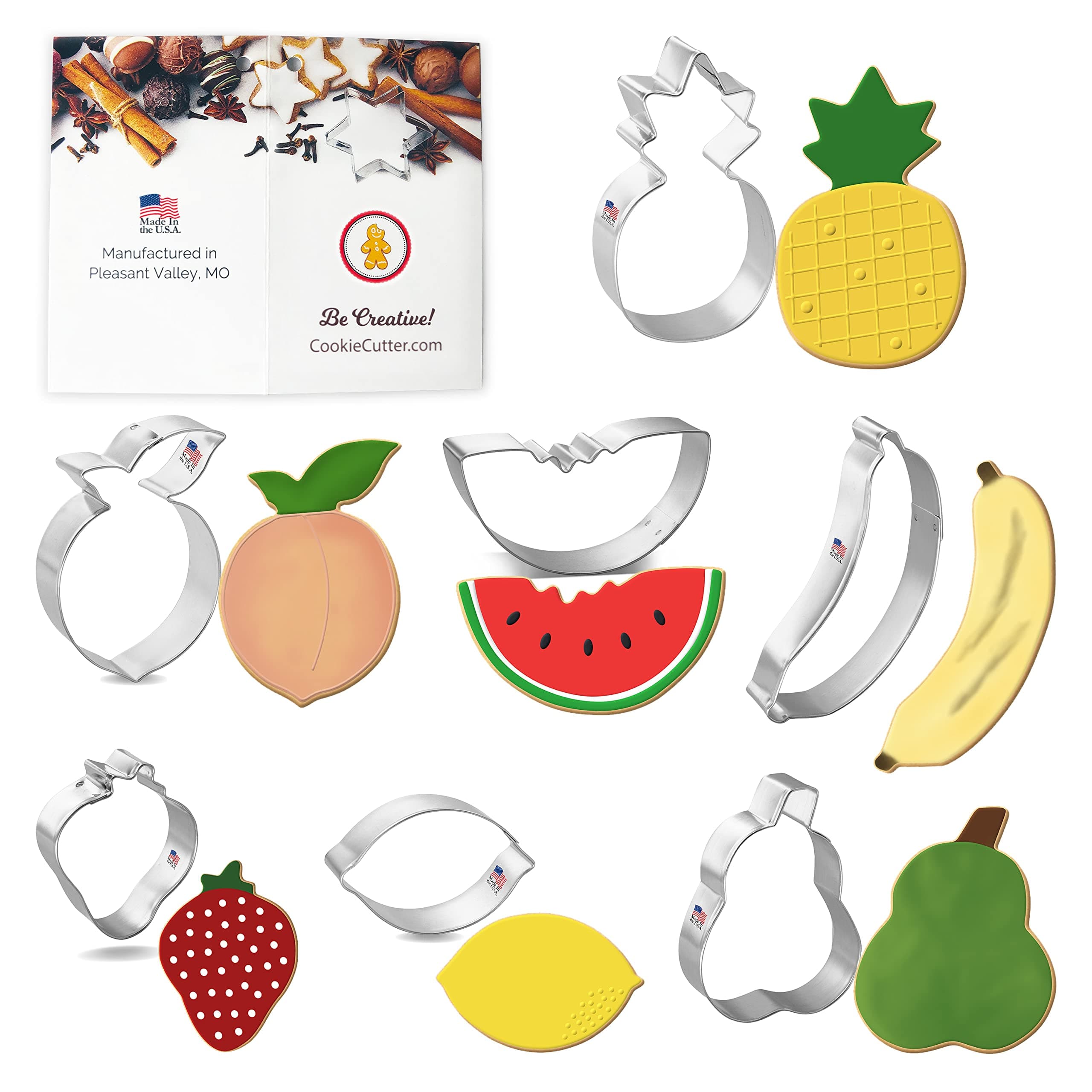Fruit Cookie Cutter 7 Pc Set – Lemon, Pear, Watermelon, Peach, Strawberry, Pineapple, Banana Cookie Cutters and Recipe Card Hand Made in the USA from Tin Plated Steel