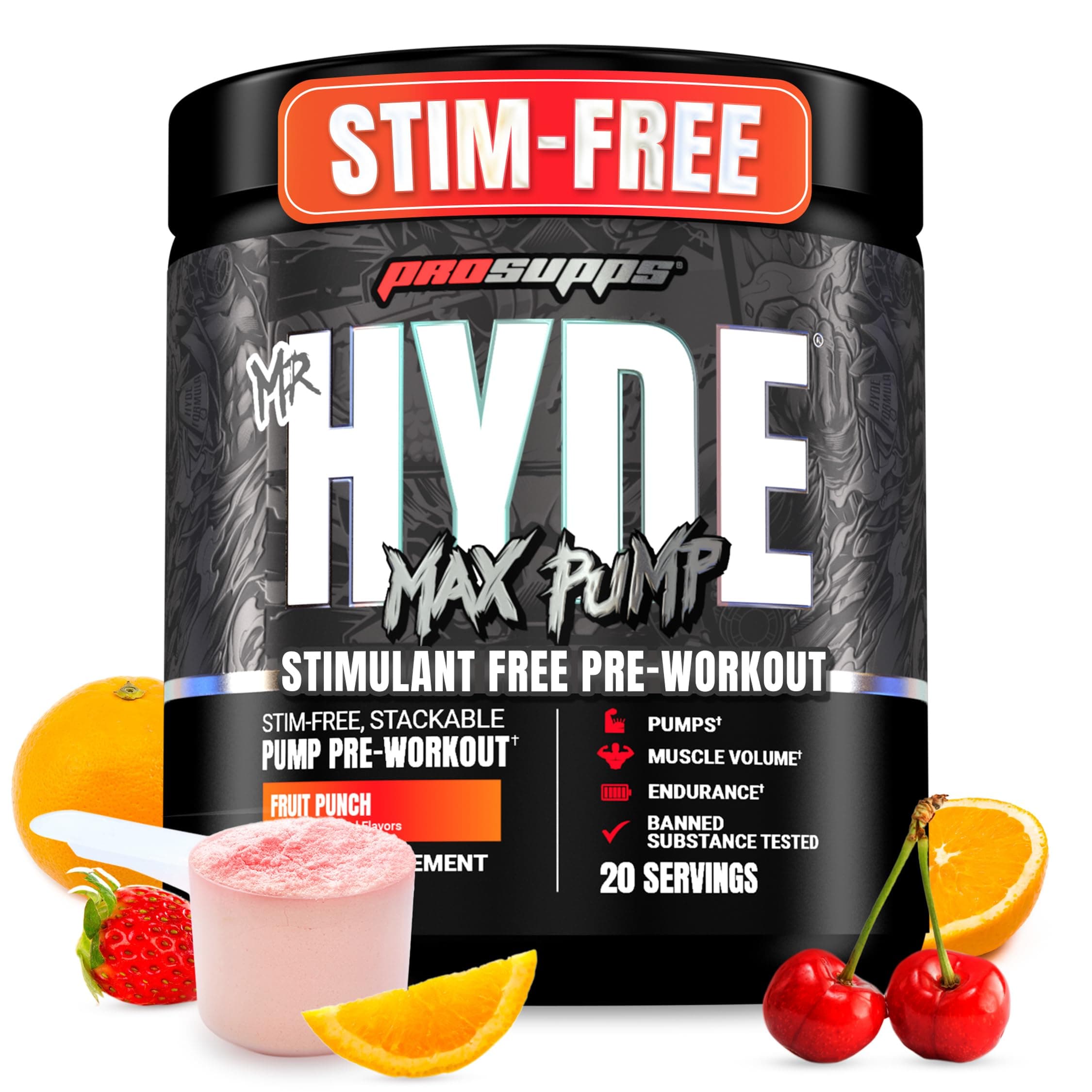 Mr. Hyde Max Pump Pre Workout Powder - Stim-Free Preworkout Supports Blood Flow, Muscle Volume & Endurance - Caffeine-Free Nitric Oxide Gym & Fitness Supplements (Fruit Punch, 20 Servings)