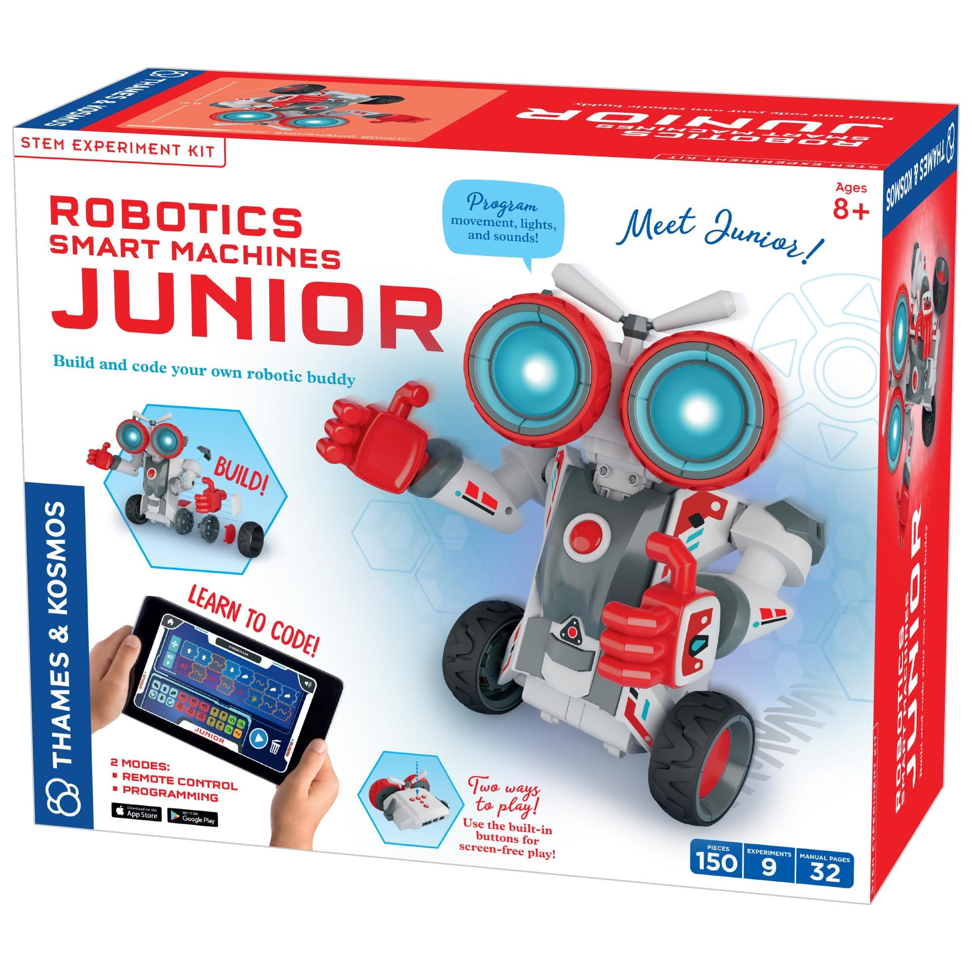 Robotics Smart Machines Junior STEM Kit, Build & Code Your Robot’s Movements, Speed, Lights & Sounds, for Ages 8+, Use Screen-Free w/Built-in Buttons or via Block-Based Coding App