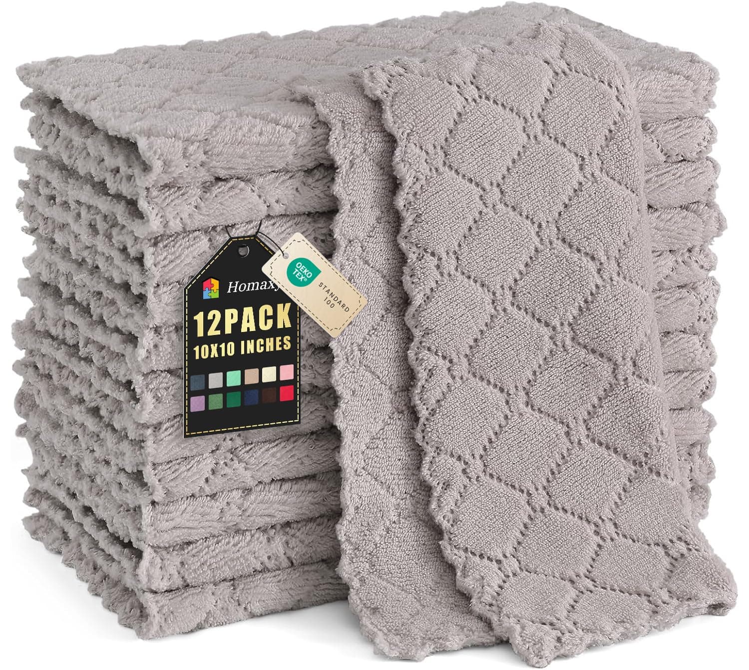 12 Pack Kitchen Dish Cloths (10 x 10 Inches, Grey), Super Soft and Absorbent Coral Velvet Dish Towels, Nonstick Oil Fast Drying Microfiber Cleaning Cloth, No Lint Household Dishcloths