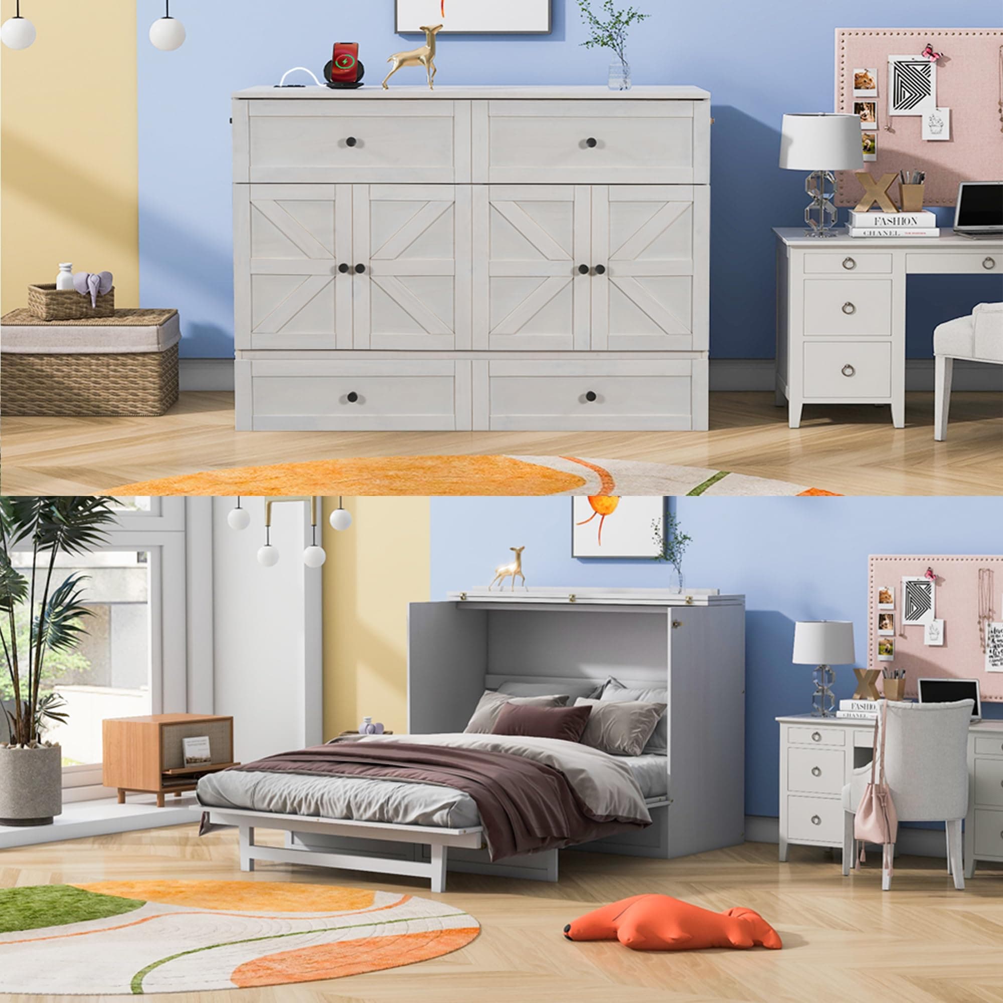 Full Size Murphy Bed with Charging Station & Drawer,Mobile Cabinet Bed Murphy Chest Bed with USB Ports,Wooden Space-Saving Folding Murphy Bed for Bedroom Guest Room,Brushed White