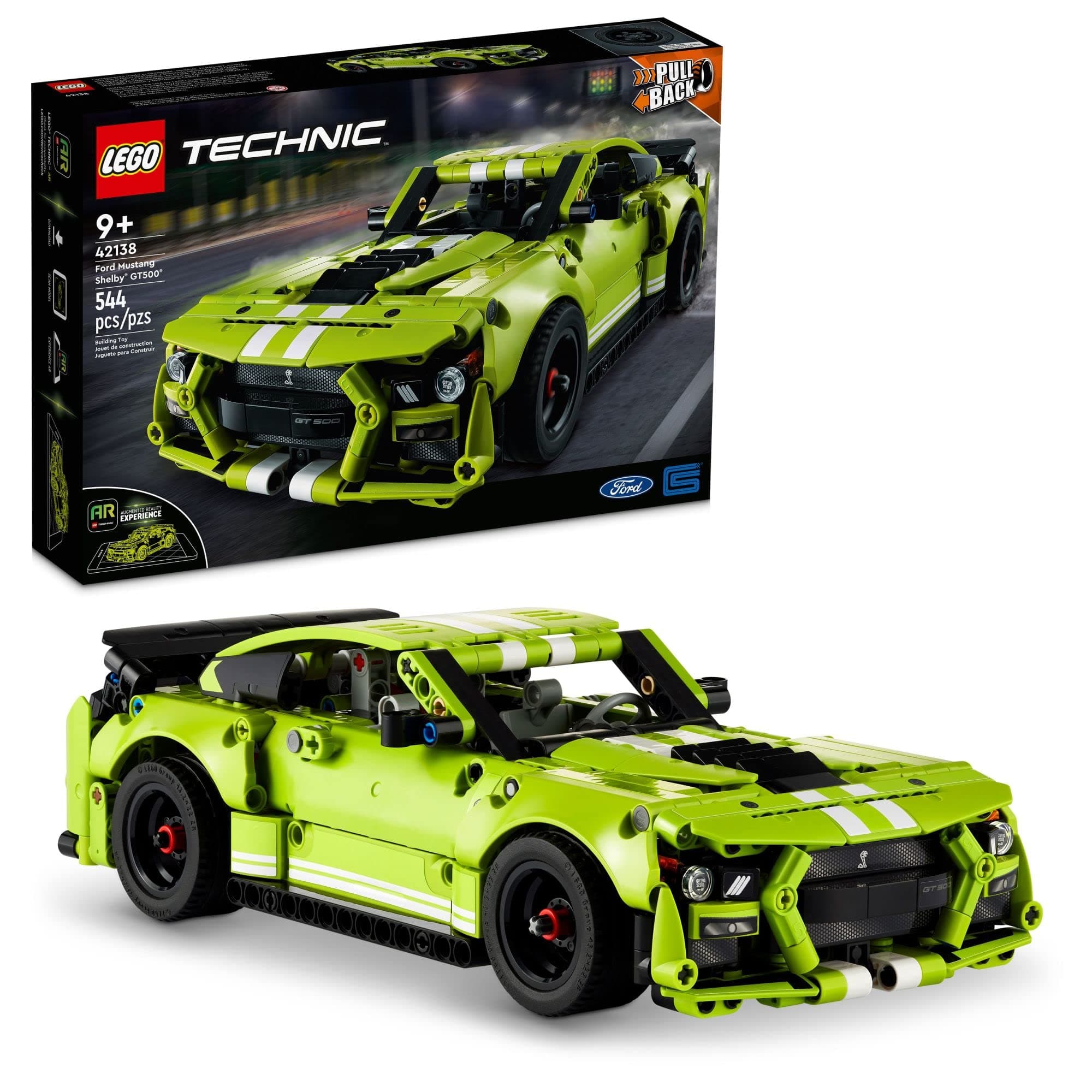 Technic Ford Mustang Shelby GT500 Building Set 42138 - Pull Back Drag Race Toy Car Model Kit, Featuring AR App for Fast Action Play, Great Gift for Boys, Girls, and Teens Ages 9+