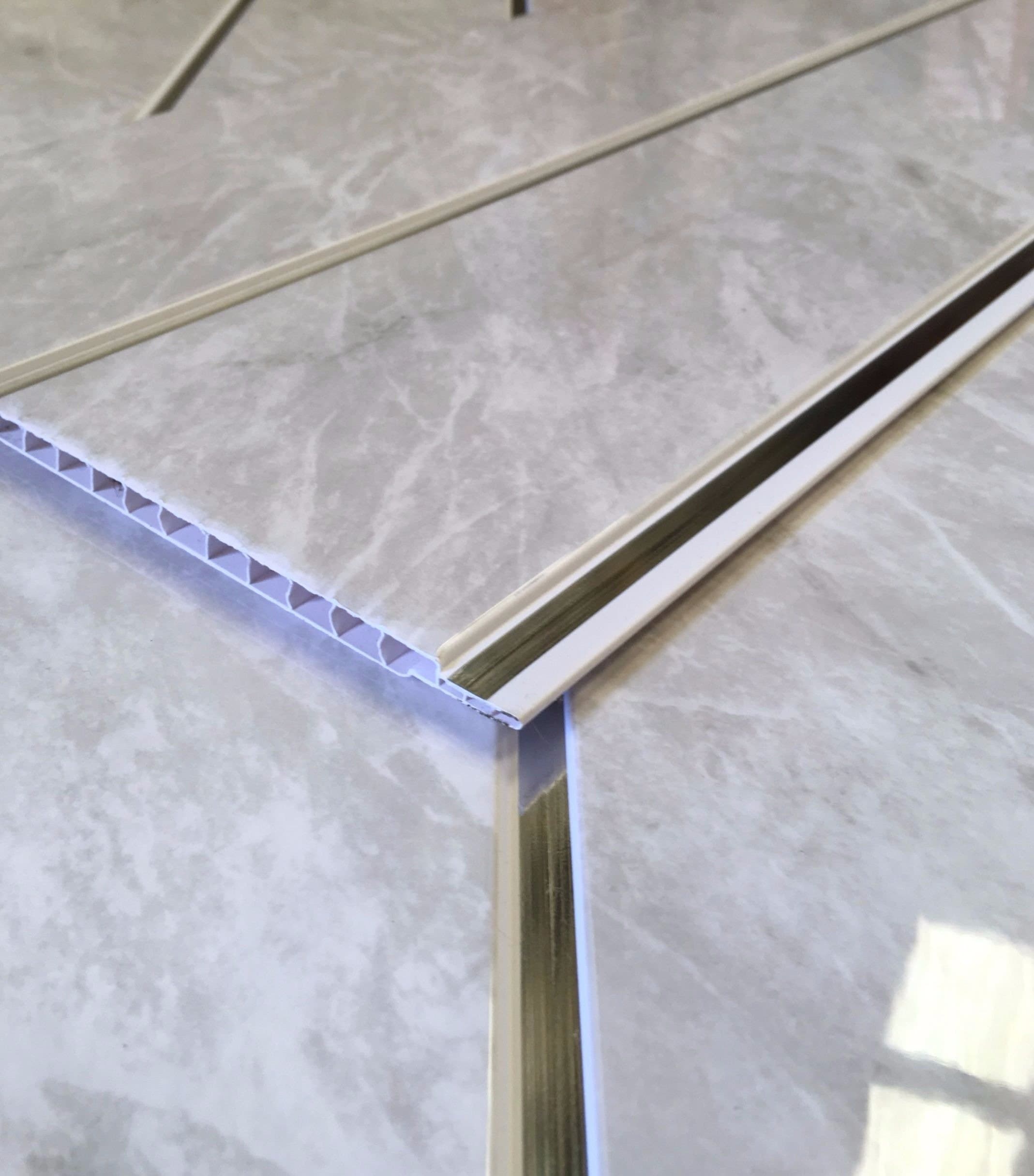 12 Grey Marble & Chrome Strip Wall Panels Bathroom Ceiling Cladding Panels Kitchen PVC Shower Wet Wall