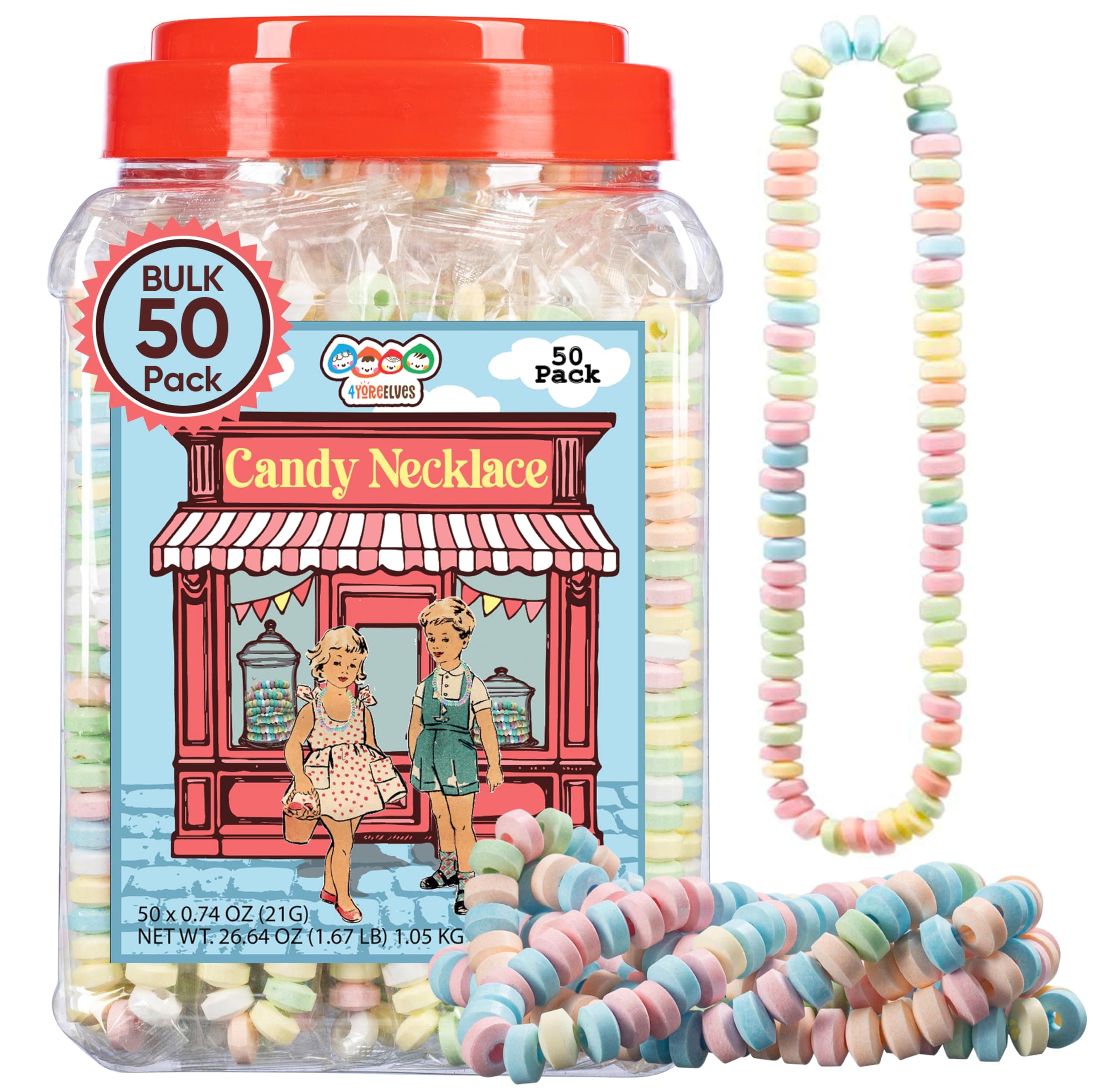 50 Candy Necklaces Individually Wrapped, Easter Candy, Choker Style Nostalgic Pastel Candy Jewelry, Perfect for Party Favors, Pinata Fillers and Goodie Bags, Packed in a Convenient Display Tub, By 4YoreElves
