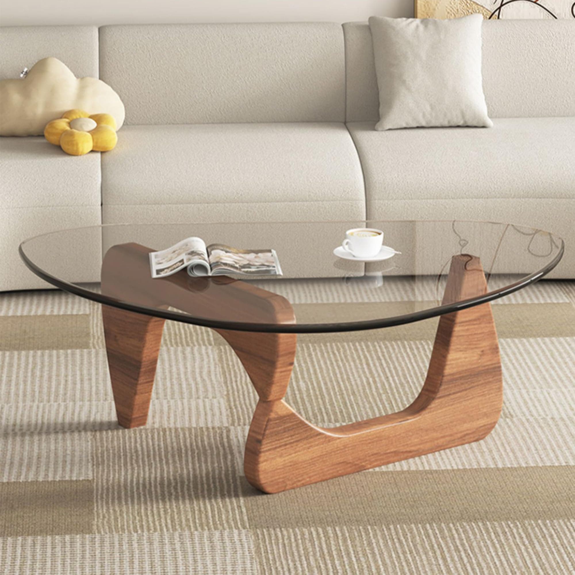 Modern Glass Coffee Table, 32.68" D x 22.44" W x 15.75" H, Abstract Round Tea Tables for Living Room Home Office Industrial Cocktail Tables (Walnut-Clear Glass, 32.68")