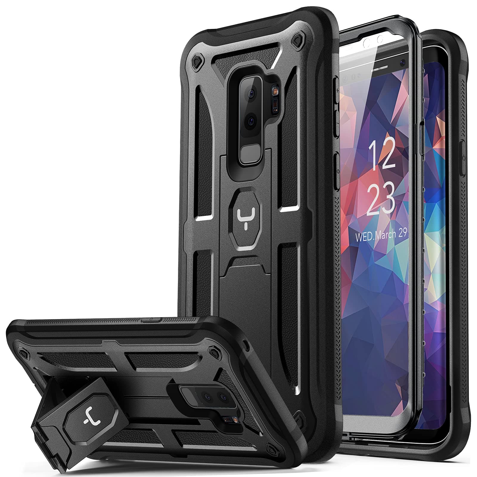 YOUMAKER Designed for Galaxy S9 Plus Case, Heavy Duty Protection Kickstand with Built-in Screen Protector Shockproof Case Cover for Samsung Galaxy S9 Plus 6.2 inch - Black