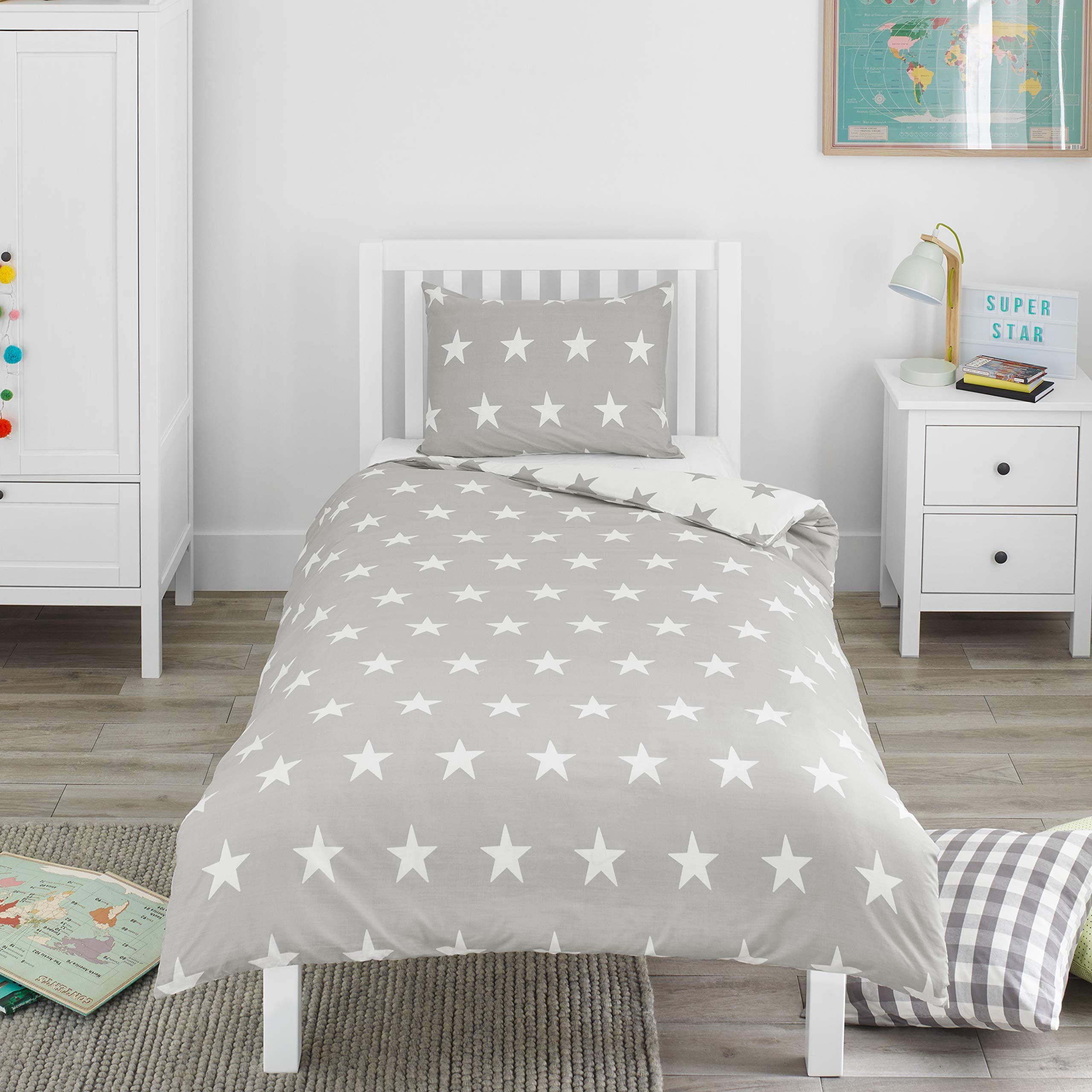 Kids Single Duvet Cover Set - Childrens Single Bedding for Boys and Girls - Grey and White Stars - Single Bed Duvet Cover Set with Pillow Case - 135x200cm