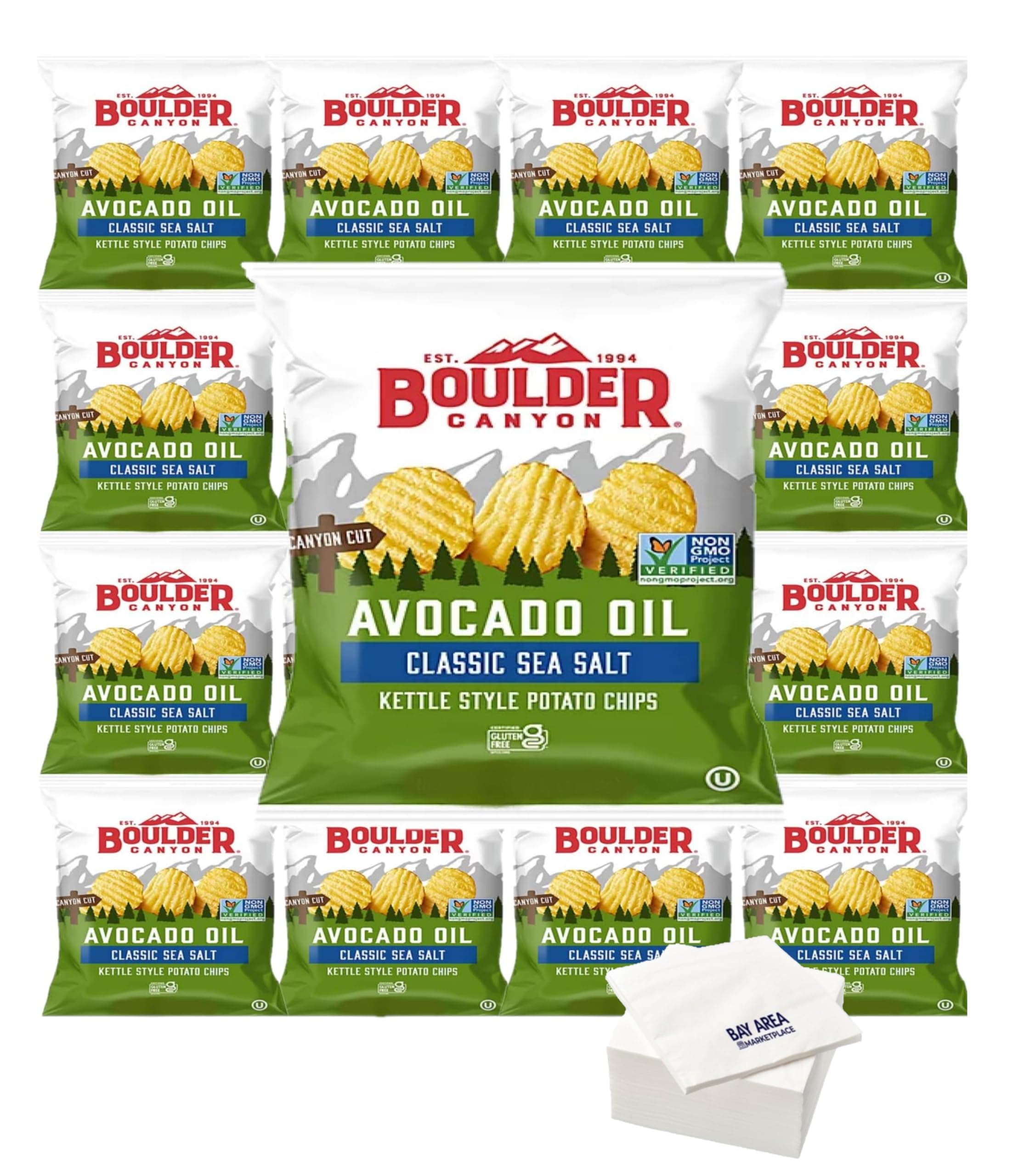 Boulder Canyon Kettle Style Potato Chips, Single Serving Bags, Pack of 10 (Avocado Oil & Sea Salt) with Bay Area Marketplace Napkins