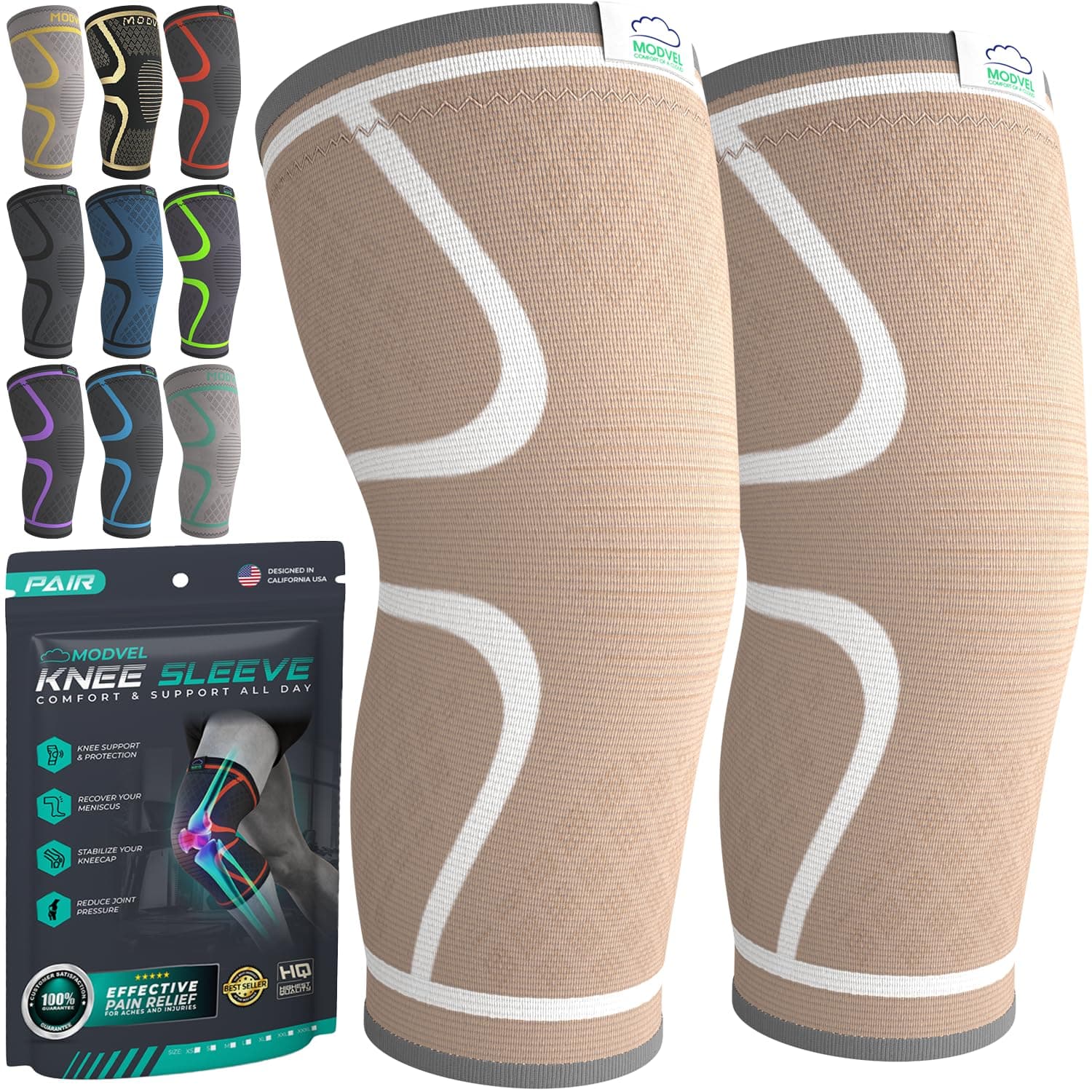 MODVEL Knee Support Compression Sleeve Women & Men - 2 Pack, Running Knee Brace, ACL & Arthritis Pain Relief, Joint Pain, Meniscus Tear, & Every day use (S)