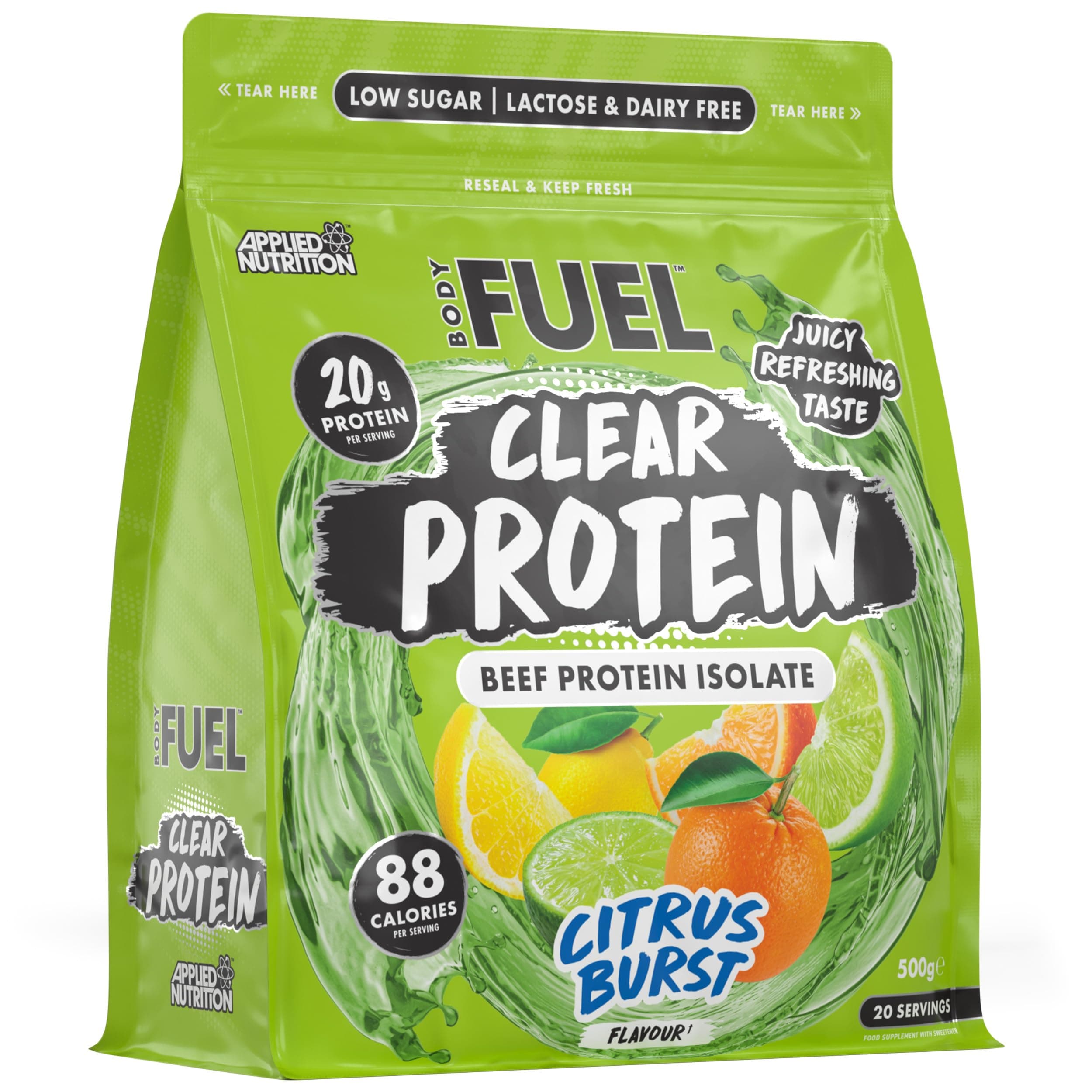 BodyFuel Clear Protein - Beef Protein Isolate - Clear & Refreshing - Best Low Sugar & Lactose-Free Protein Supplement - Muscle Support (500g - 20 Servings) (Citrus Burst)
