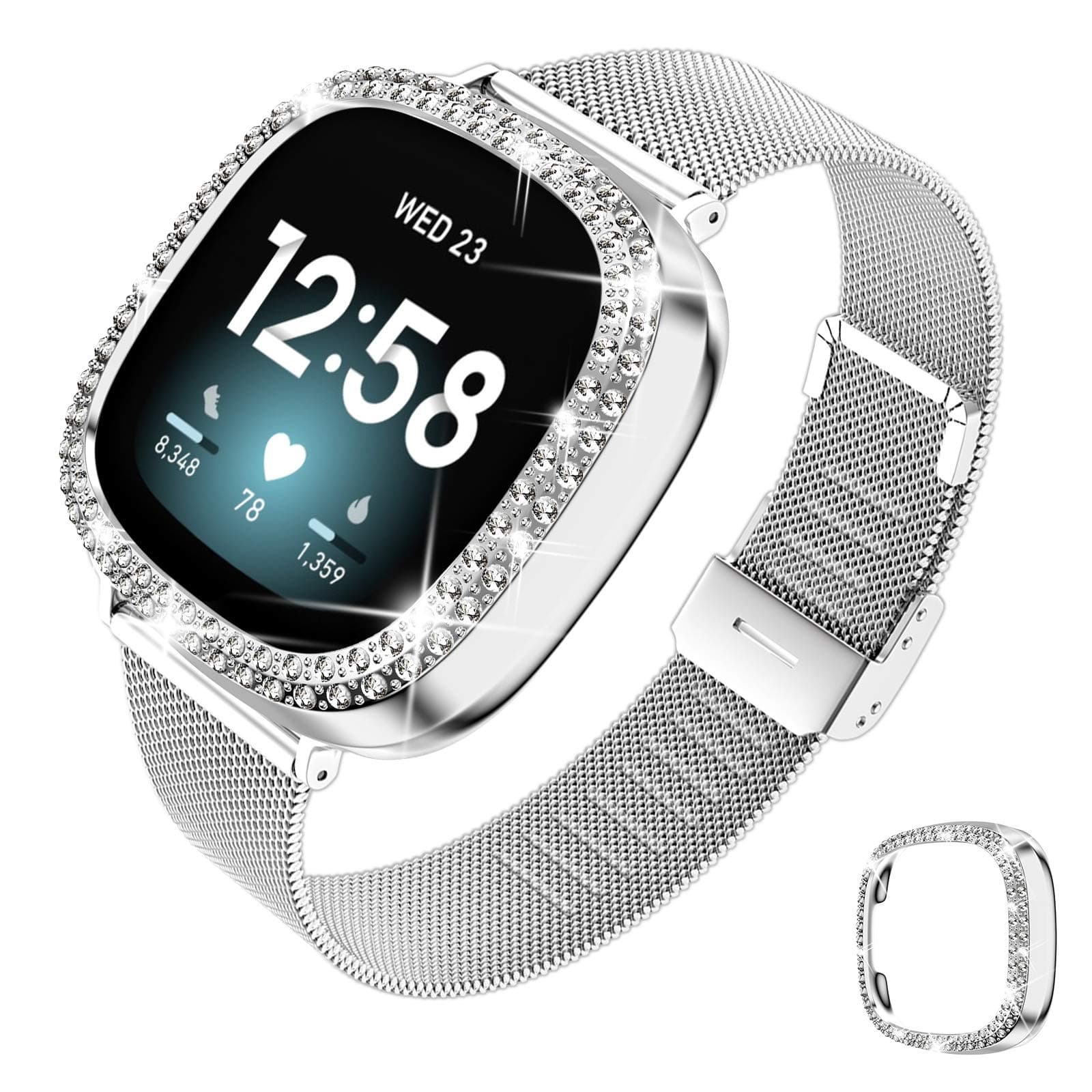 DABAOZA Compatible for Versa 3 / Fitbit Sense Band with Case, Women Stainless Steel Metal Mesh Loop Strap Silm Thin Replacement Wristband with Shiny Bumper Cover for Fitbit Sense / Versa3 (Silver)