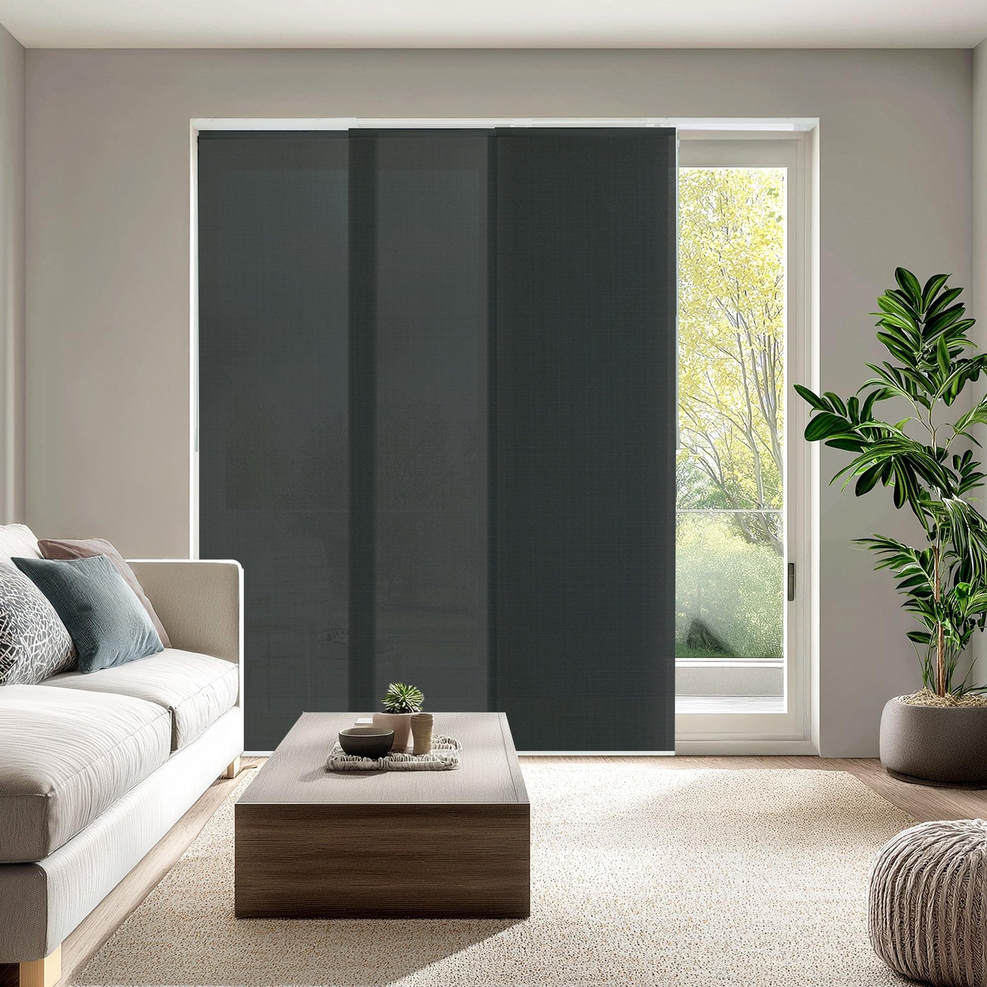 CHICOLOGY Panel Track Blinds for Sliding Glass Doors, 4 Panel Sliding Panels, Adjustable Track 46-86" W, Trimmable Height Up to 96" H, Light Filtering Privacy Room Divider, Ballroom Grey