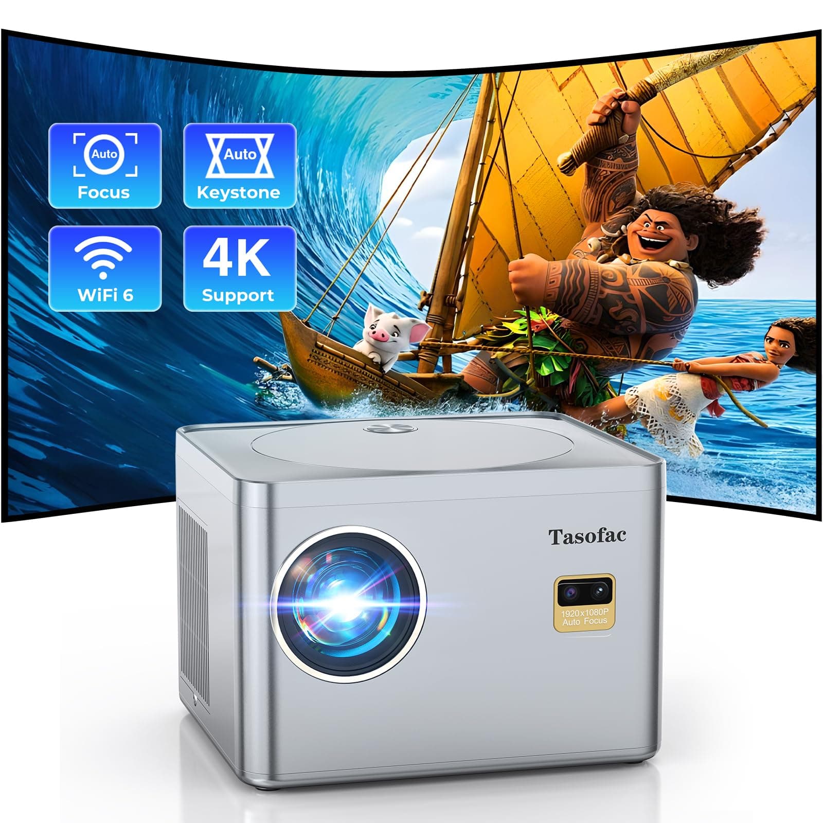Projector 4K,【Auto Focus/Keystone】Projector with WiFi and Bluetooth, Native 1080P 800ANSI Outdoor Movie Projector, Auto 6D Keystone & 50% Zoom, Mini Projector for Bedroom/Home Theater with USB, HDMI