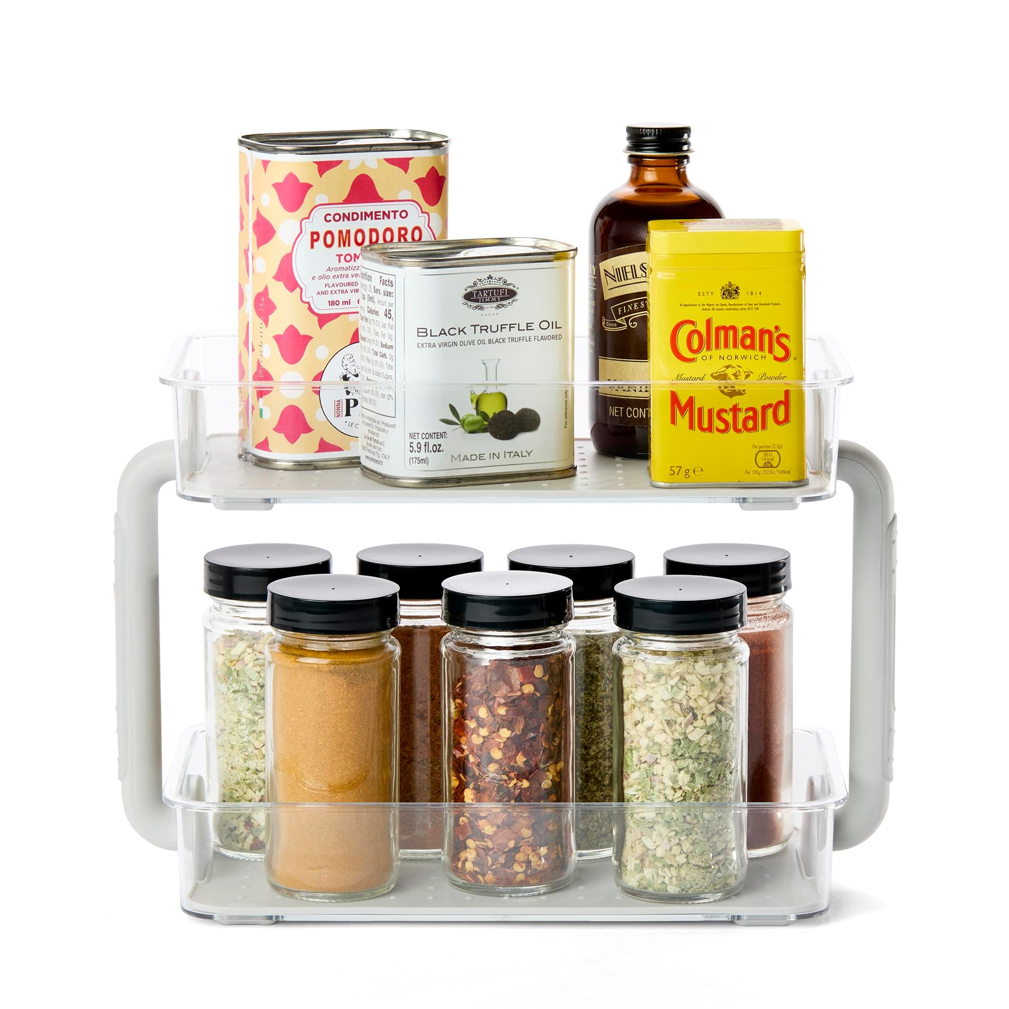 madesmart 2-Tier Plastic Multipurpose Kitchen Spice Organizer, Condiment Storage Spice Shelf for Cabinet Organization, Gray