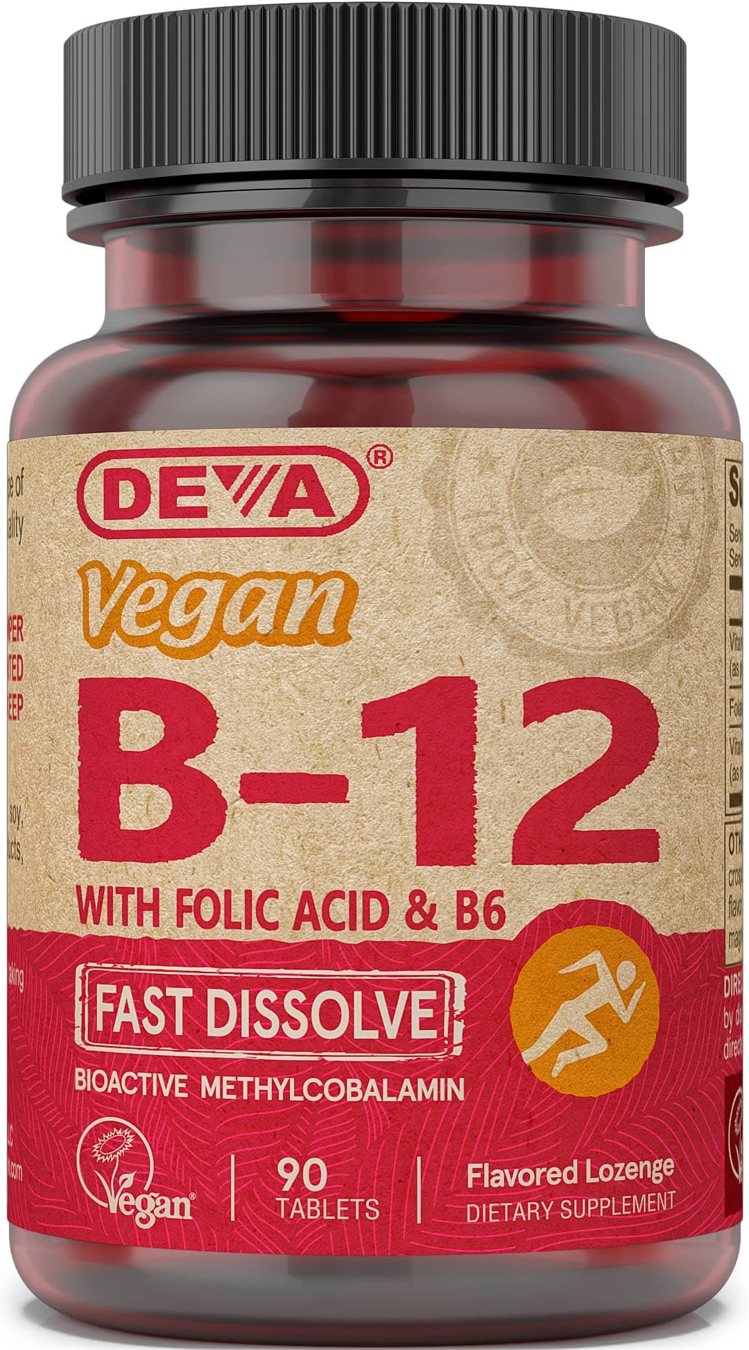Vegan Vitamin B12 Fast Dissolve Supplement - Once-Per-Day Complex with 1000 Mcg Methylcobalamin B12, Folic Acid, B6 - Lemon Flavor - 90 Dissolvable Tablets,