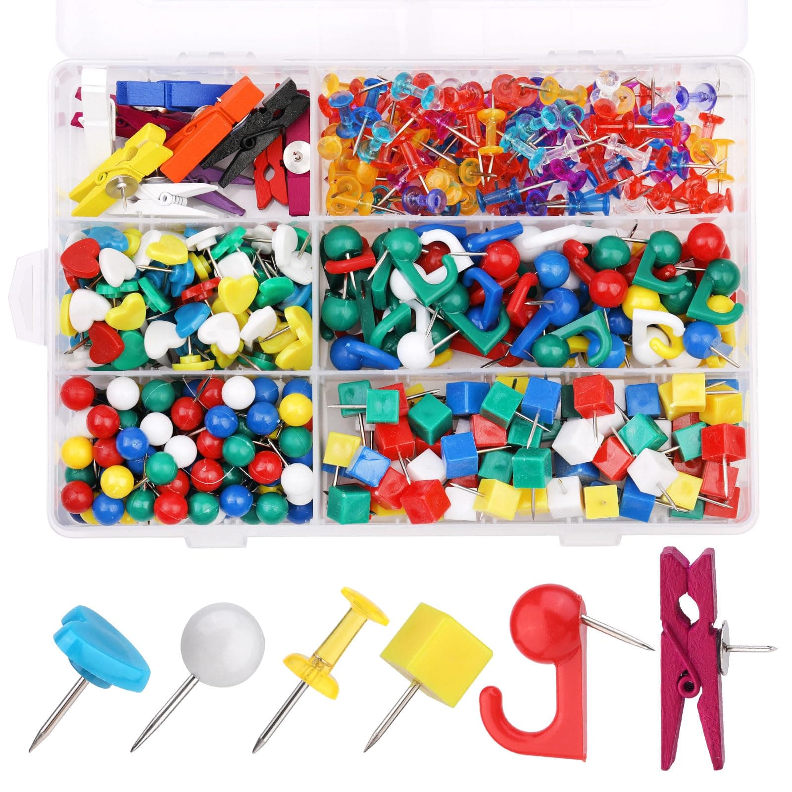 430 Pcs Push Pins Set, 6 Style Thumb Tacks-Multicolor Wooden Pushpin Clips Map Marking Pins Push Pin Hooks Square Pins for Photo Wall, Bulletin Board, Home Wall, Home Office School Supplies