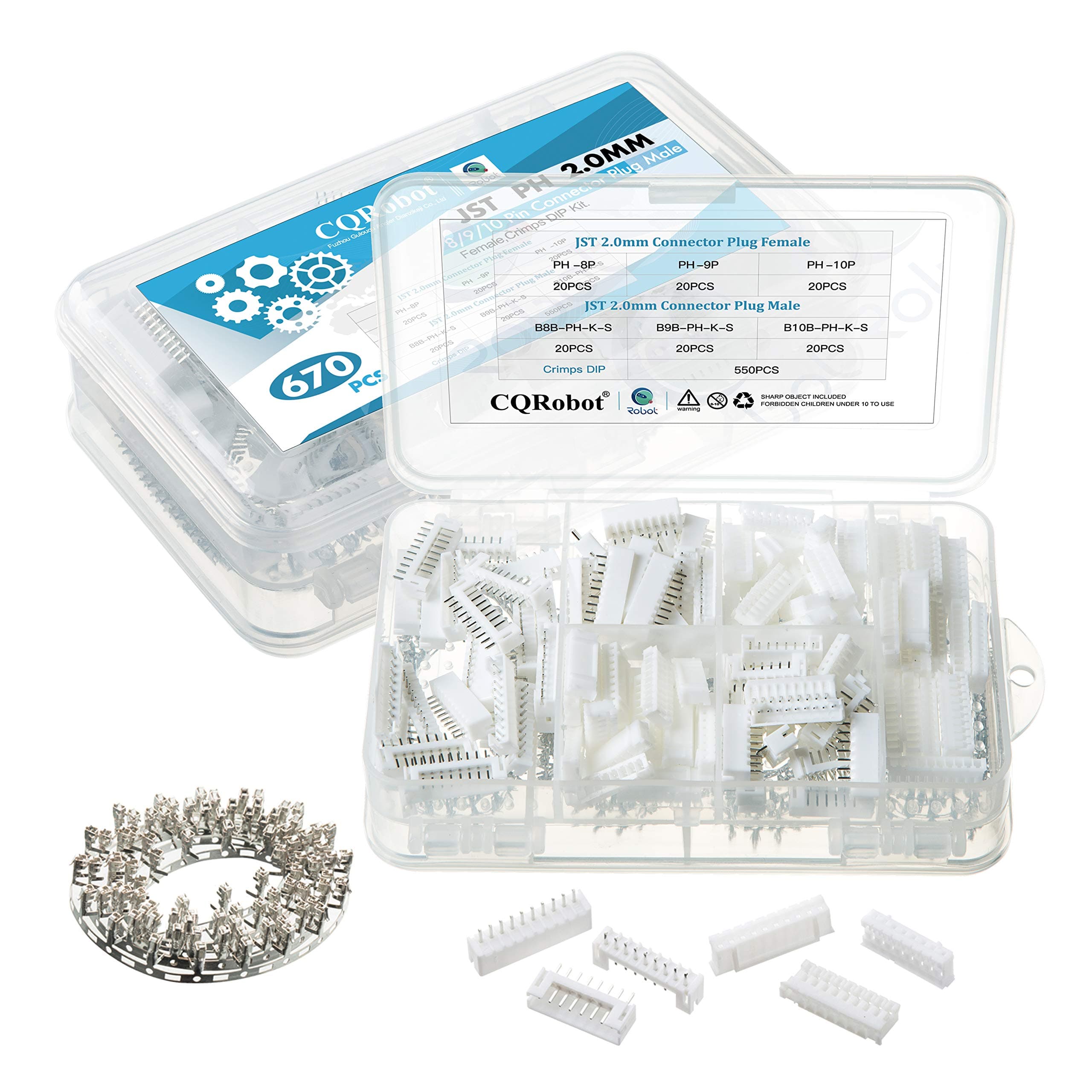 CQRobot JST PH 2.0mm Kit - 8-Pin/9-Pin/10-Pin Electronic Adapter with IC Male Plugs, Female Sockets, T-Shaped Crimp Terminals & Housing. 60 Sets/670 Pieces
