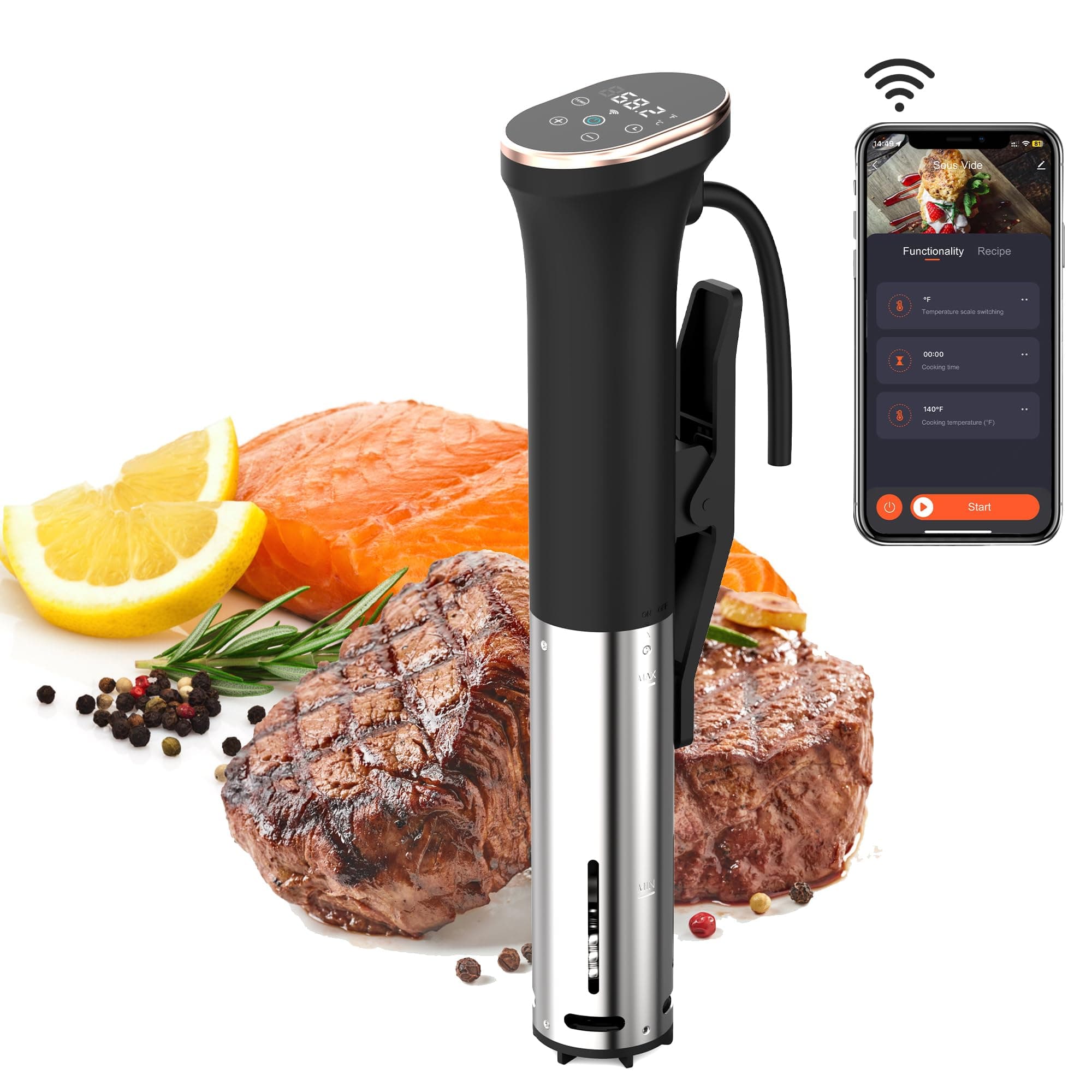 Karinear Sous Vide Machine WIFI 1100W Immersion Circulator with Temperature Time LED Display Stainless Steel Touch Control Silent Style for All Groups