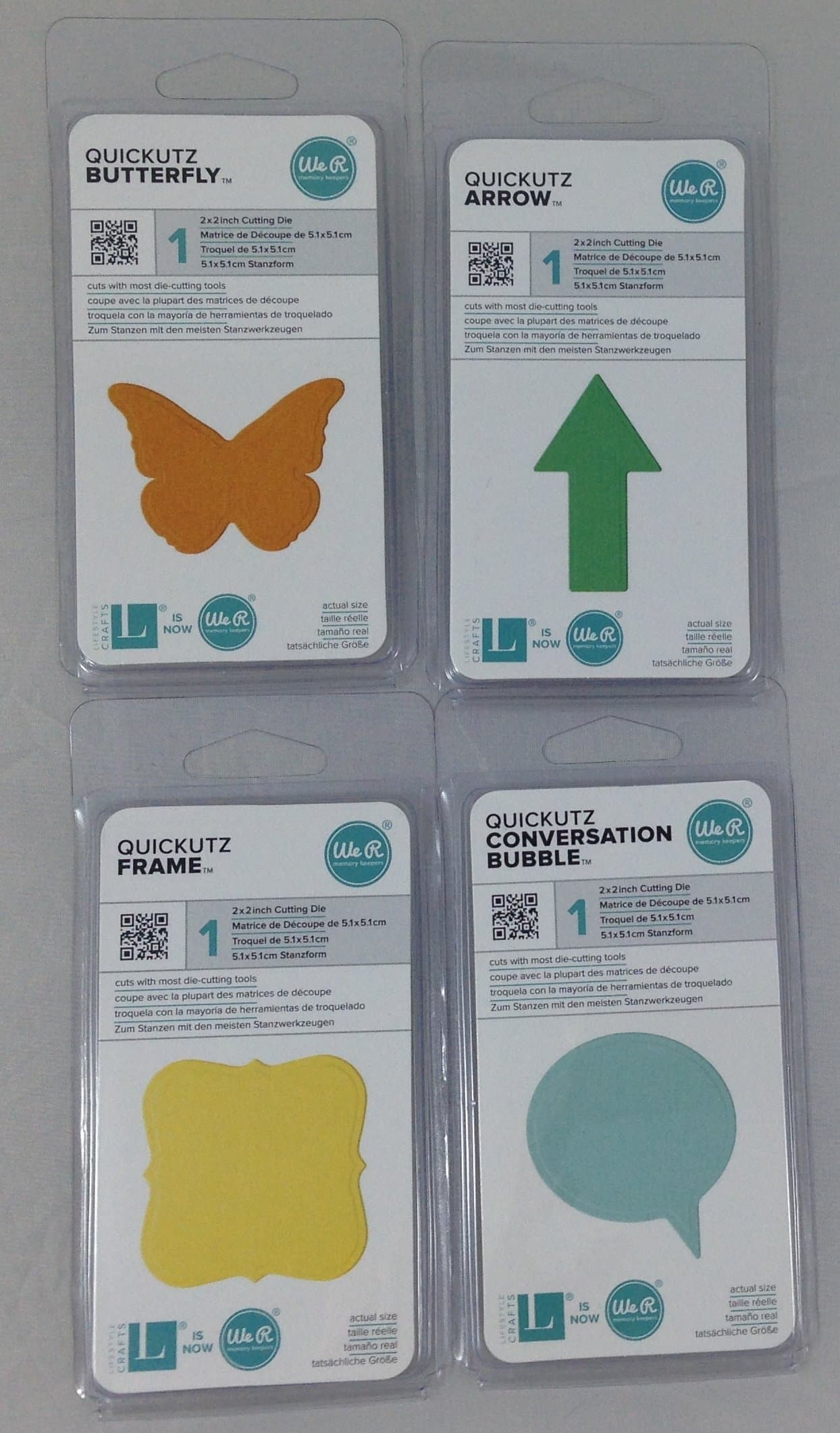 We R Memory Keepers/Lifestyle Crafts Shape Dies Bundle with 4 Designs: Butterfly, Arrow, Frame, Conversation Bubble.