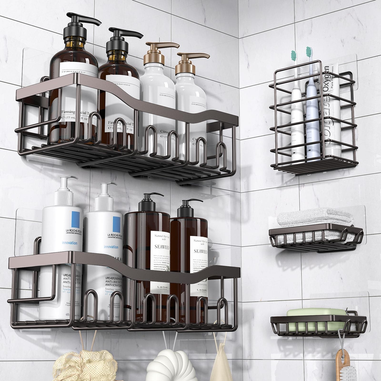 5-Pack Rustproof Stainless Steel Shower Caddy Set– No Drill Adhesive Bathroom Organizer, Space-Saving Shower Shelves for Apartment Essentials, Bathroom/Kitchen Storage Home Decor-L Size
