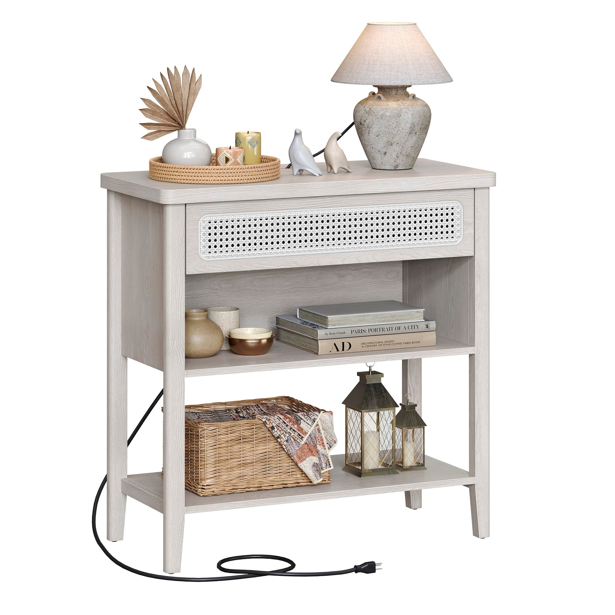 VASAGLE Console Table with Power Outlets, Entryway Table with Storage Shelf, Sofa Table with Drawer, Open Compartment, Rounded Corners, for Living Room, Boho Style, Oatmeal Beige ULNT140K66
