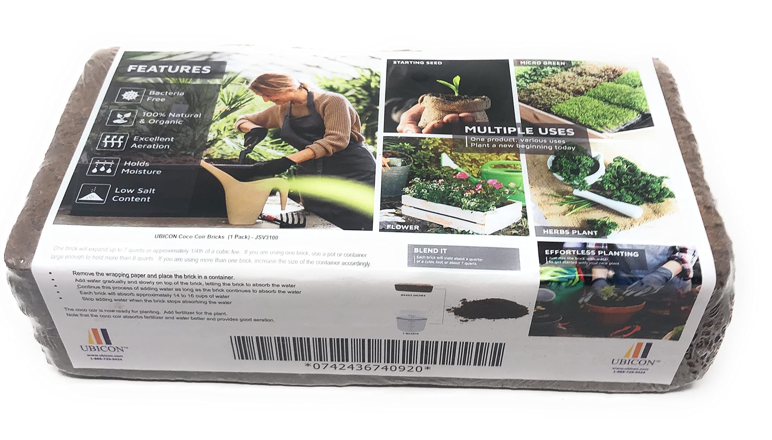 Easy to Use Compressed Coco Coir Organic Top Soil for Indoor and Outdoor; Each Brick Gets 7 Quarts, Excellent Aeration, Reduces Weed Growth, and Retains Water (1, Brick),Brown