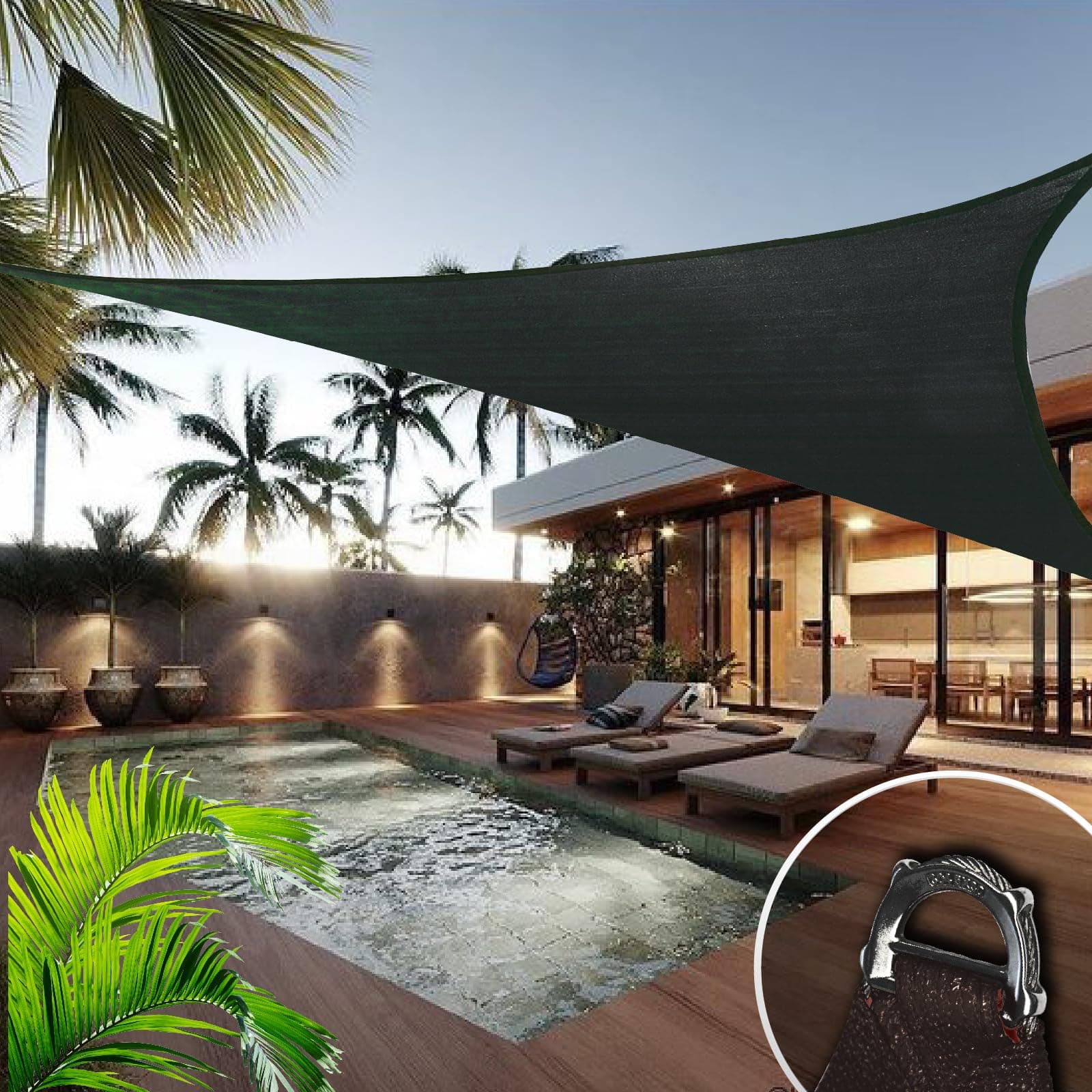 Reinforced Wire Ring 22' x 22' x 22' Black Triangle Shade Sail, Commercial Grade Canopy, Reinforced Corners and Edges