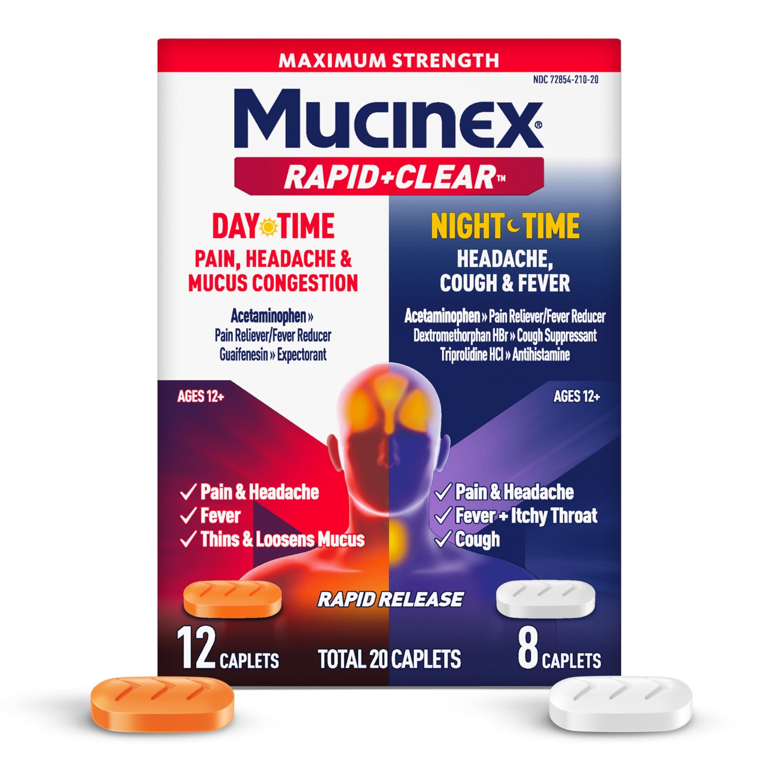 Mucinex Rapid+Clear Maximum Strength Day & Night Cold and Flu Medicine for Adults, Over-The-Counter Medication for Headache Relief, Mucus Congestion, & Cough, Rapid Release Caplets, 20 Count