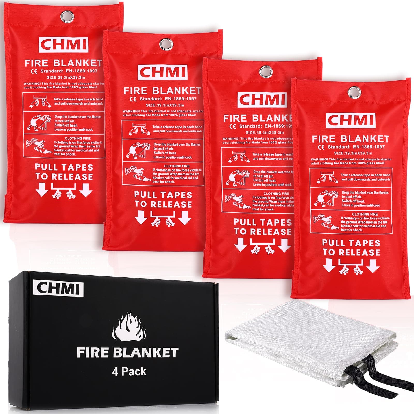 CHMI Emergency Fire Blanket - 4 Pack 39.3"x39.3" Flame Suppression Fiberglass Fire Blanket for Home and Kitchen,Flame Retardant and Thermal Insulation Design for Emergency Survival Safety.