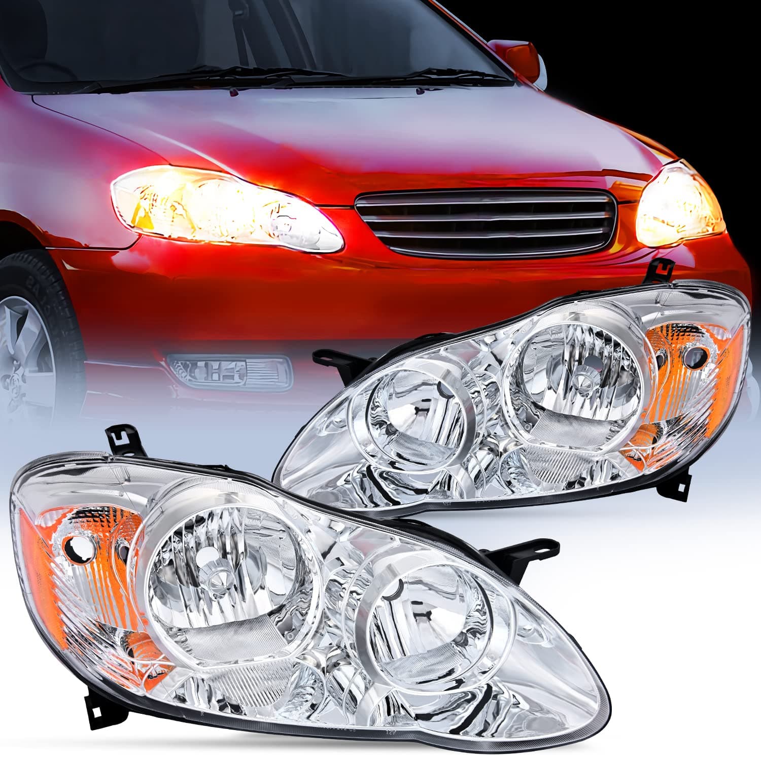 Nilight Headlight Assembly for 2003 2004 2005 2006 2007 2008 Toyota Corolla Headlamps Replacement Chrome Housing Amber Reflector Driver and Passenger Side