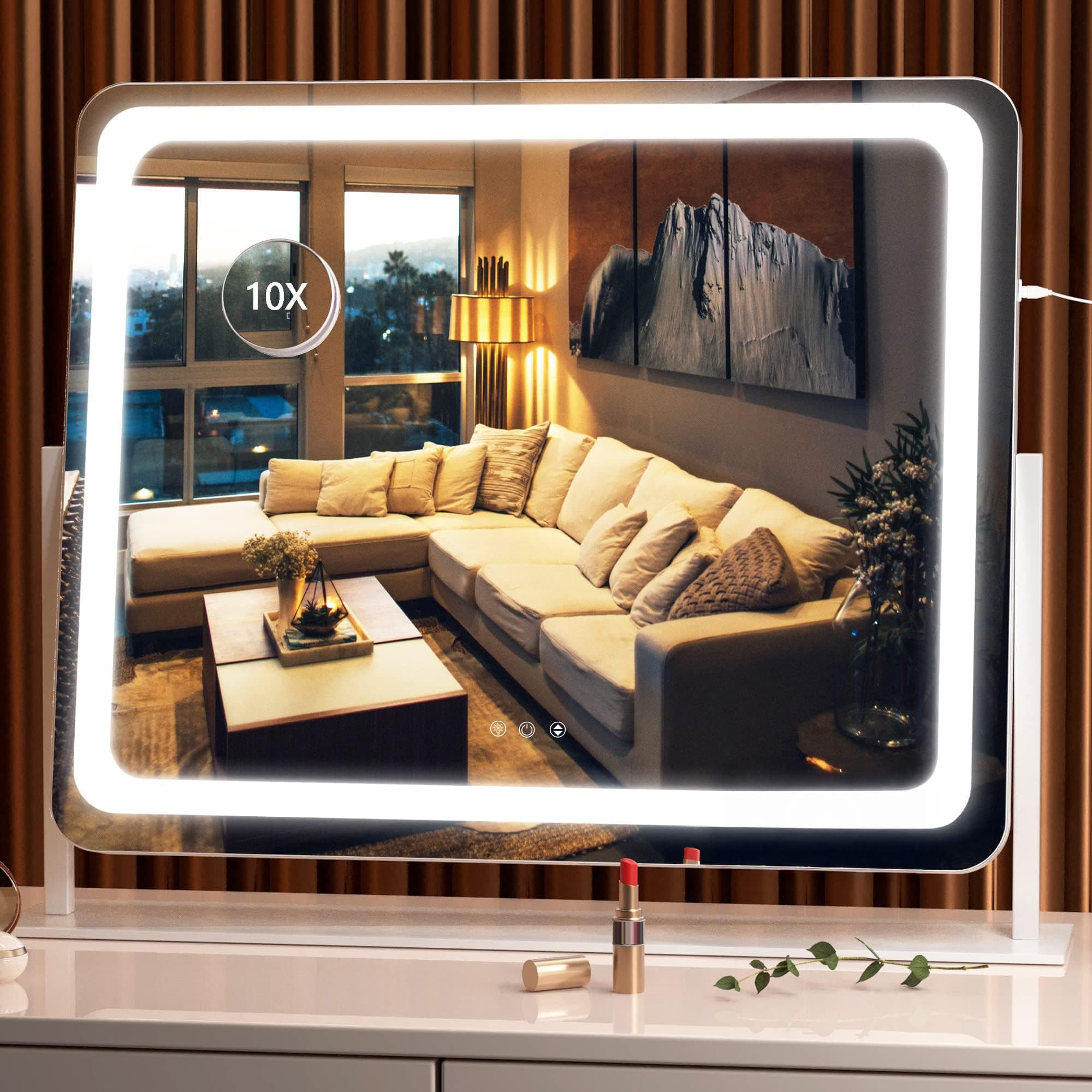 Hasipu Vanity Mirror with Lights, 58 x 48cm LED Make up Mirror, Light up Mirror with 10X Magnification and Brightness Adjustment, 3 Color Dimmable, Smart Touch & 360° Rotation, Round White