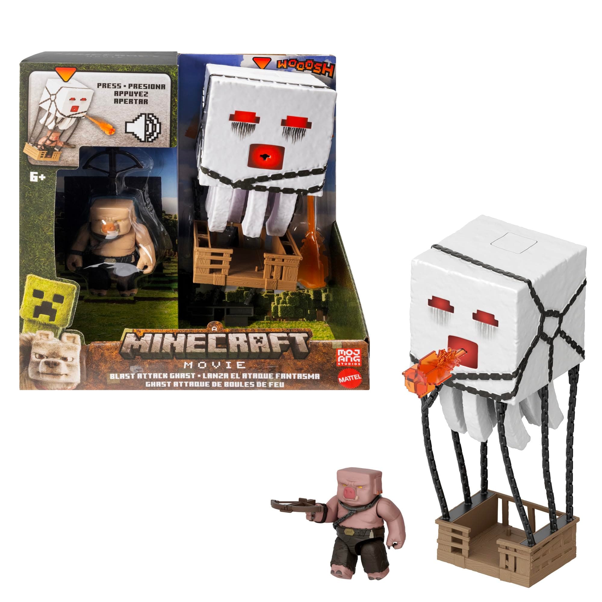 Mattel Minecraft Action Figure Set, Blast Attack Ghast with Lights, Sounds, Launcher & Projectile, Plus Piglin Warrior Inspired by The Movie