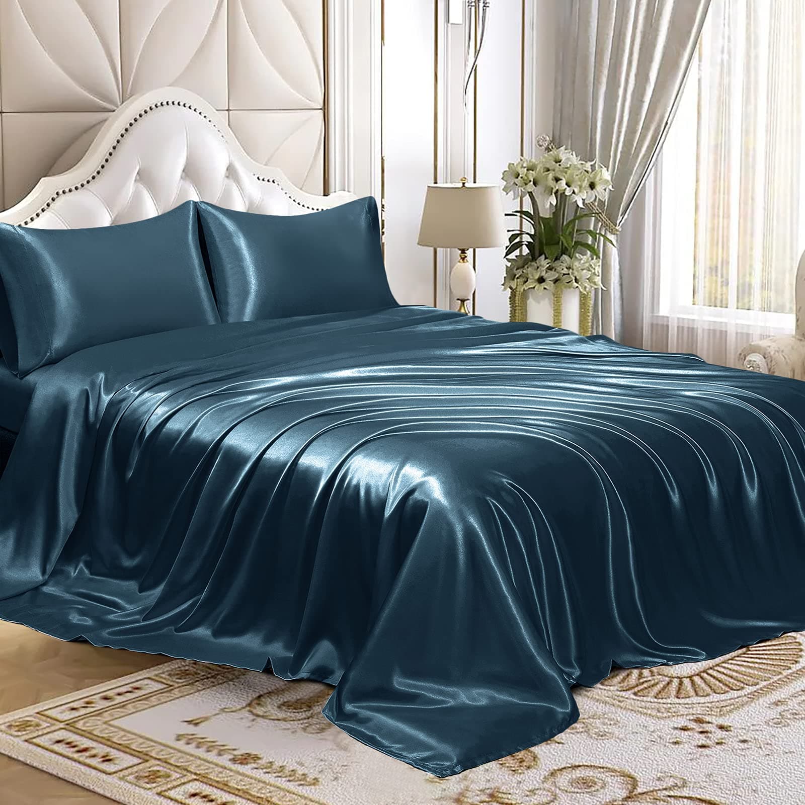 4pcs Satin Sheets Set Luxury Silky Satin Bedding Set with Deep Pocket, 1 Fitted Sheet + 1 Flat Sheet + 2 Pillowcases (Queen Size, Deep Sea Blue)