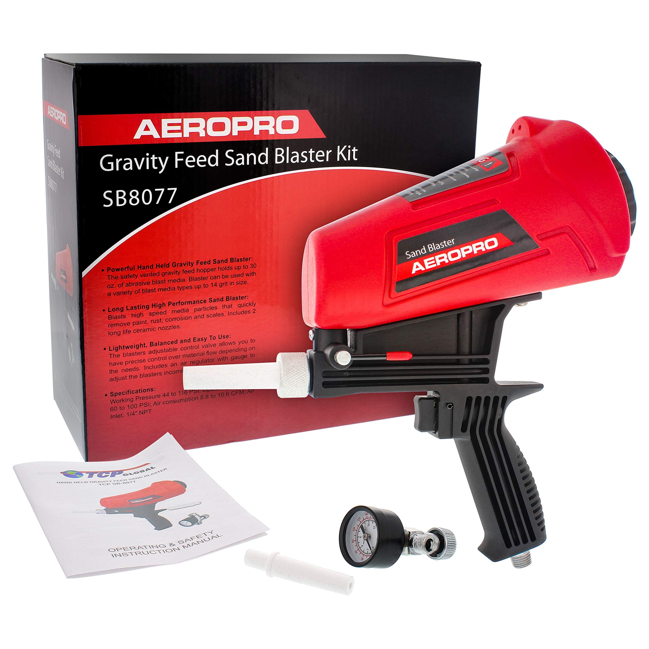 Gravity Feed Sand Blaster Gun Kit - Hand Held Sand Blasting Spray Gun with 2 Ceramic Nozzle Tips and Air Regulator - Blast Abrasive Media, Soda, Bead, Walnut, Aluminum Oxide - Pneumatic