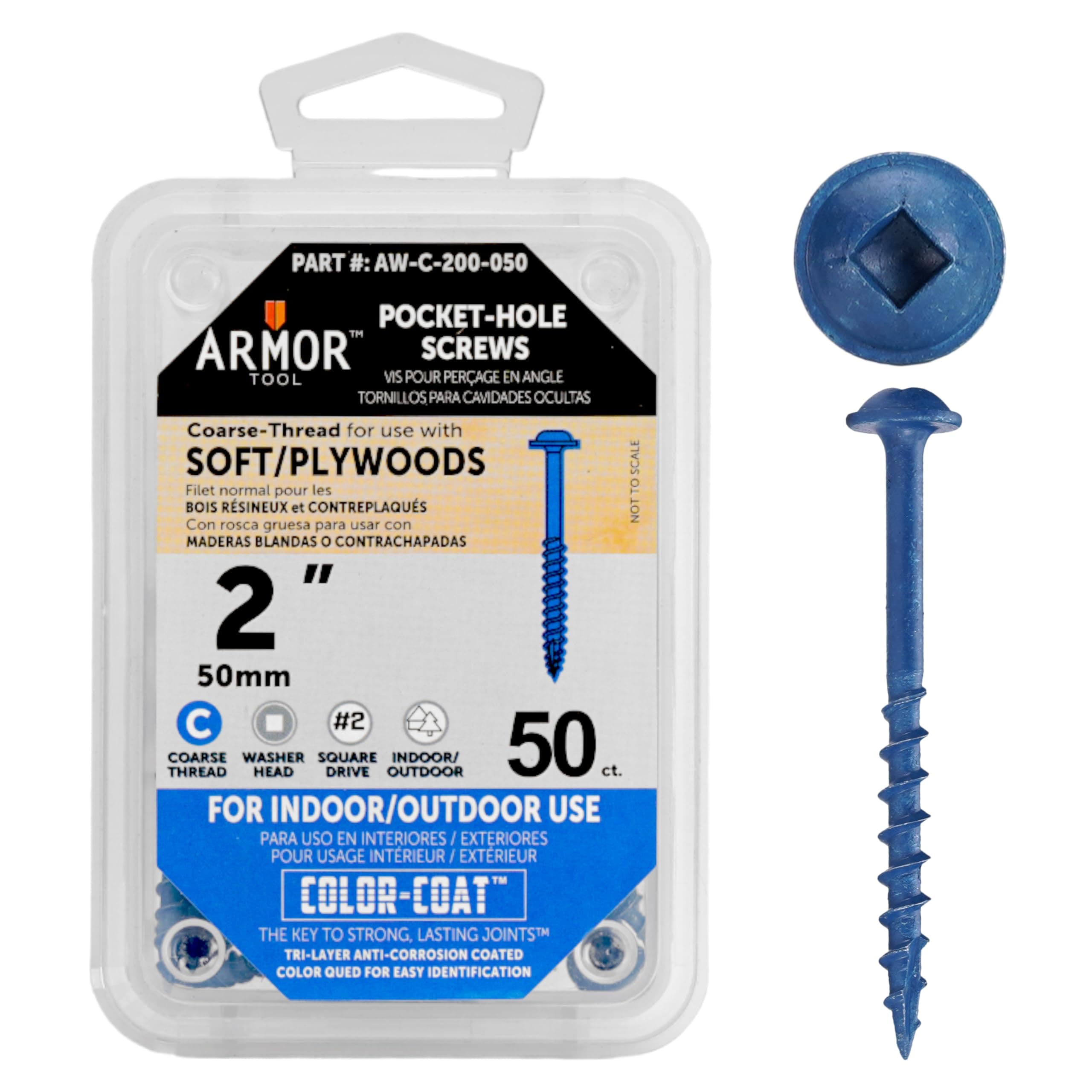 ARMOR TOOL Pocket Hole Screws - 2" Coarse Thread Joinery Screws 50 Pack with Blue Color Coat & Square Drive - AW-C-200-050