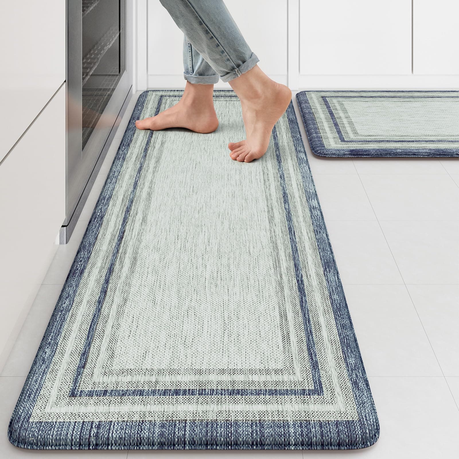 KIMODE Anti Fatigue Kitchen Mat 2PCS Non-Skid Waterproof Kitchen Rugs Farmhouse Kitchen Mat for Floor Laundry Room Rug,Cushioned Comfort Foam Standing Mat for Office Sink Desk Blue and Gray Home Decor