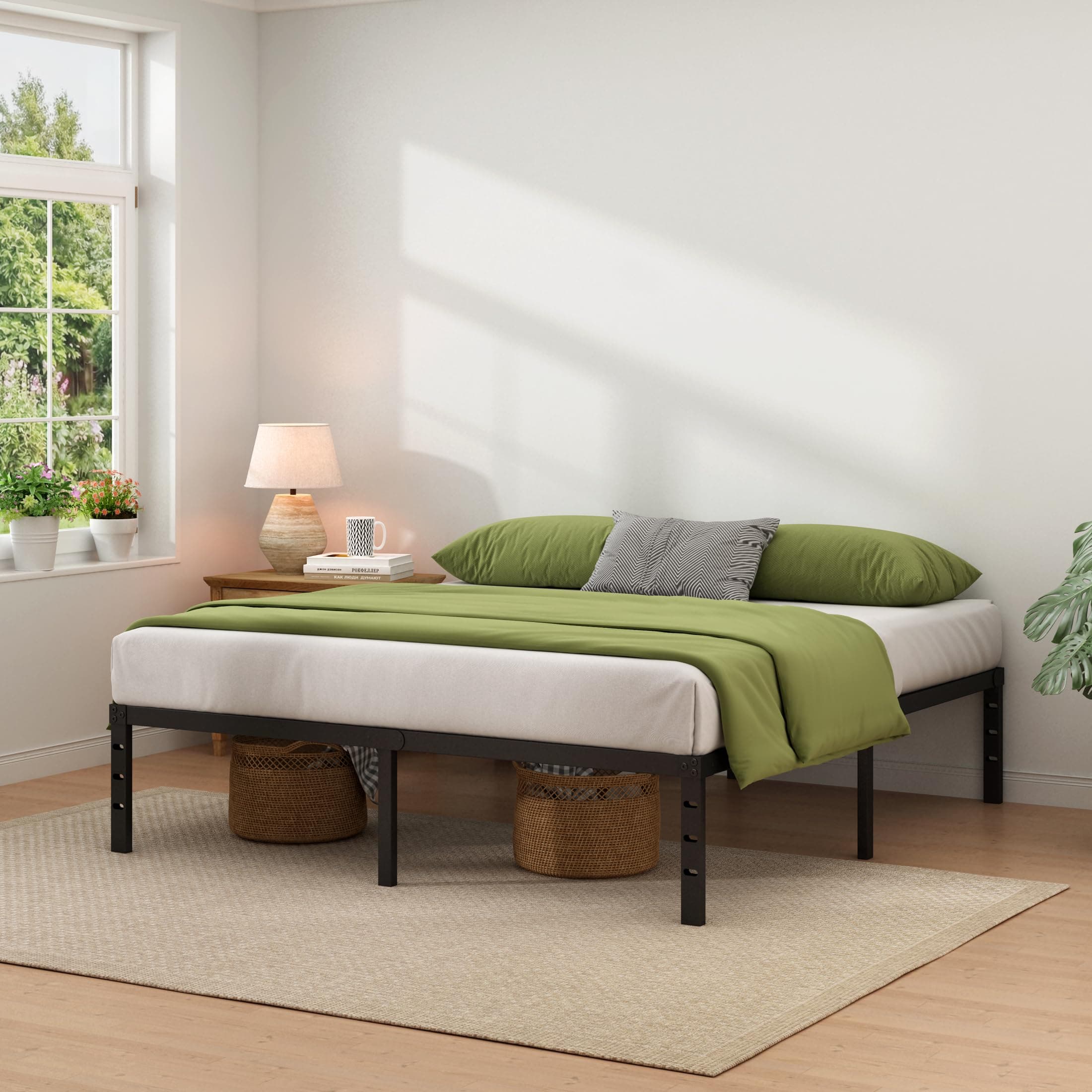 NEW JETO Metal Bed Frame,King Size Bed Frame with Storage Space,Heavy Duty Sturdy Mattress Foundation,Easy Assembly,No Box Spring Needed, Black,14 Inch,King