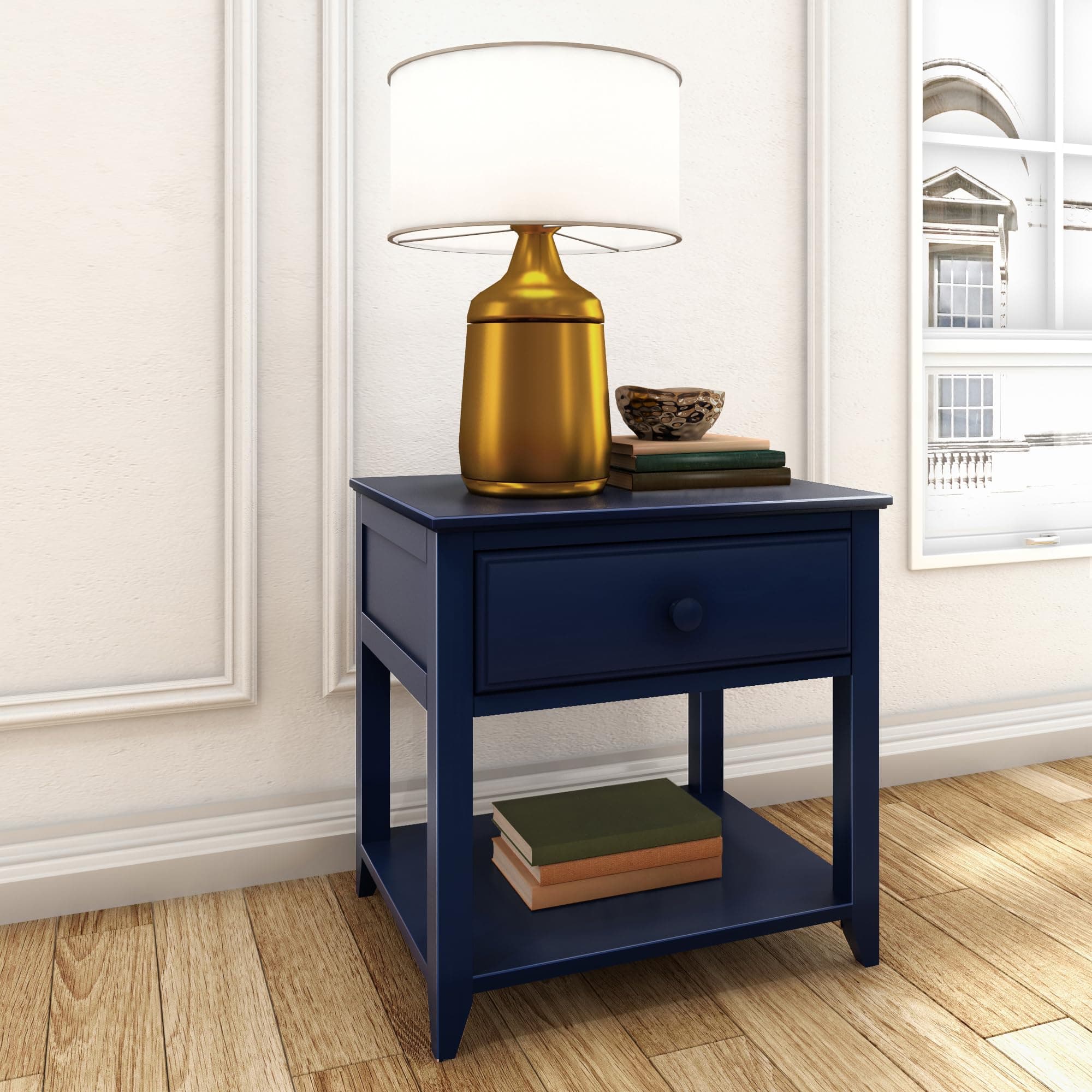 Max & Lily Maxwood Bedside Table with Drawer Open Compartment Coffee Table Bedroom Living Room Wooden Table Solid New Zealand Pine Dark Blue