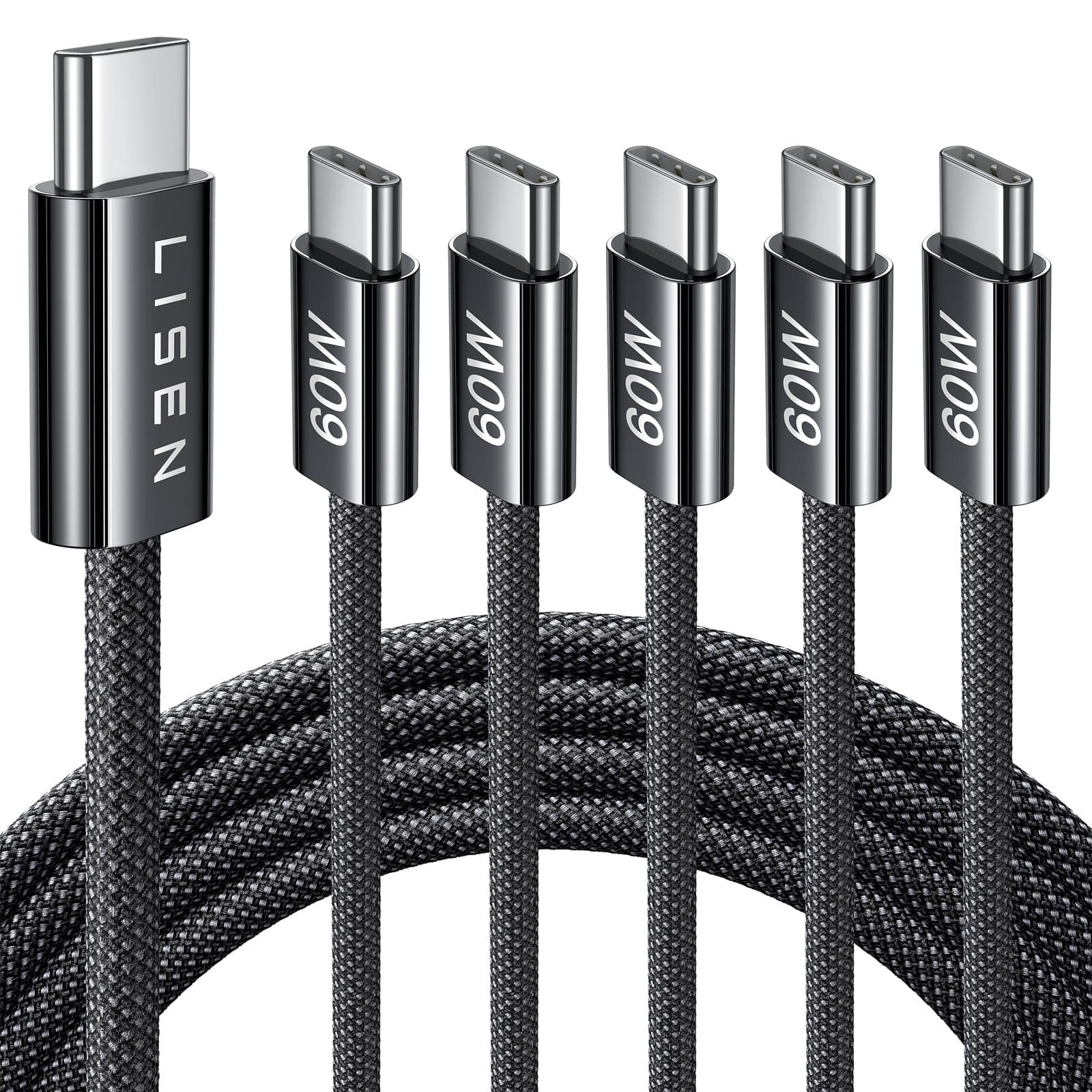 LISEN USB C Cable, 5-Pack [6.6FT] USBC to USBC Cable for iPhone 16e 15 Pro Max Charger Cord, 60W (3.1A) C to C Cable Fast Charging for Samsung S25/S24/23, Switch 2, iPad, MacBook,Black