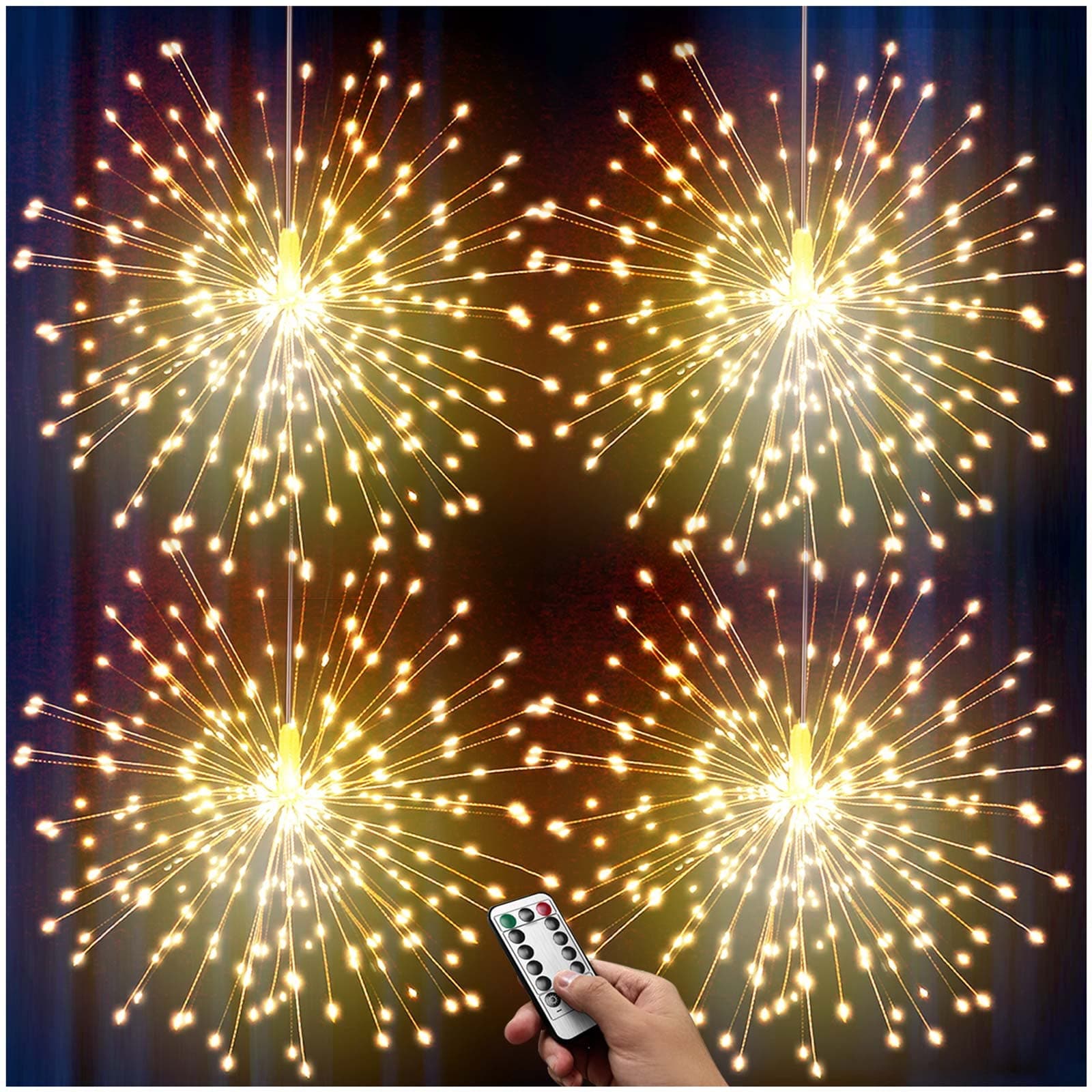 DenicMic Firework Starburst Lights 3200K Warm White 8 Mode LED Battery Operated Chandelier Star Lights with Remote, Hanging Decorations Indoor Outdoor