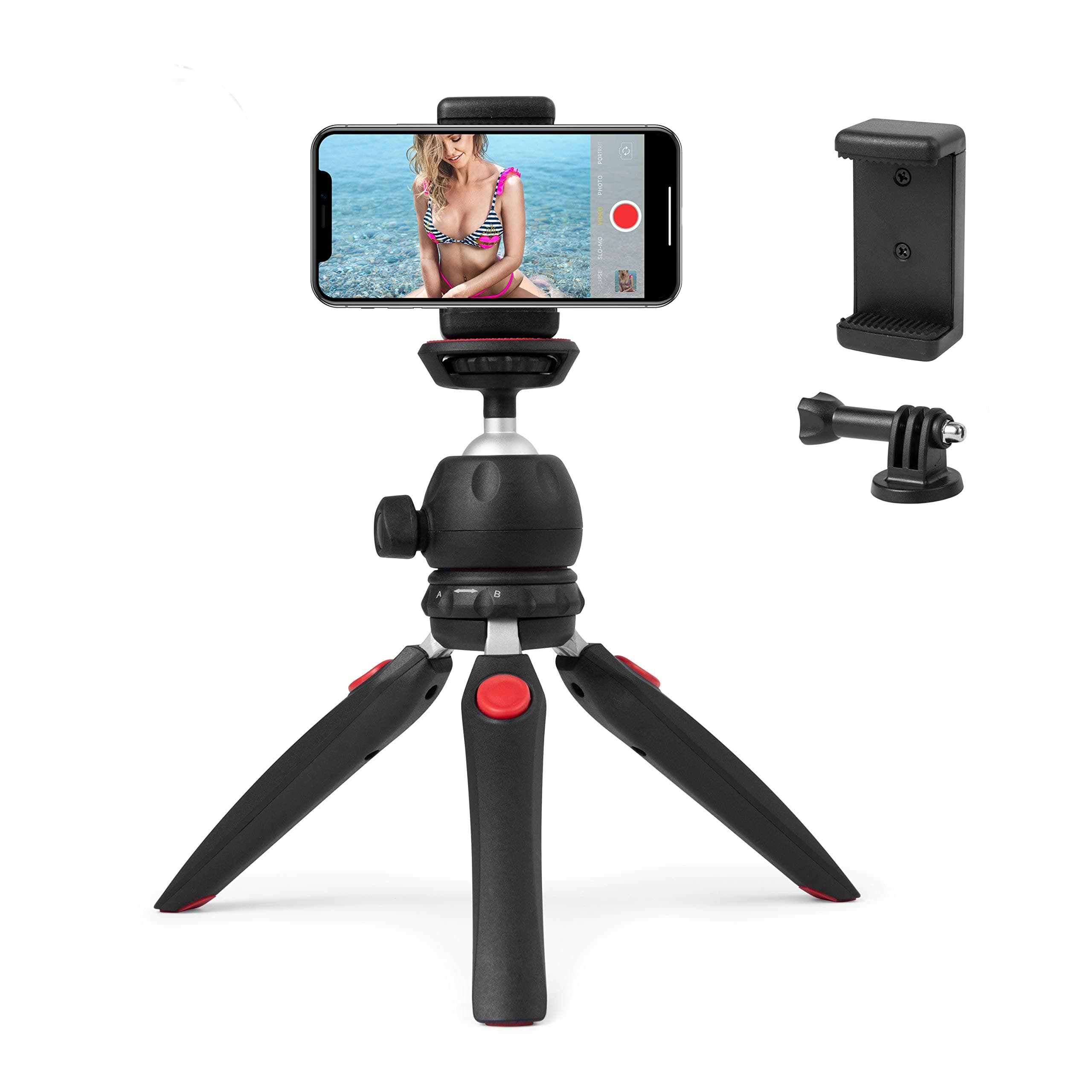 Mini Tripod Cell Phone Tripod Tabletop Holder Tripod Stand for iPhone/Camera/DLSR/Android Smartphone/Projector with Phone Holder & Sport Camera Mount, Fully Adjustable Angle & Rotation