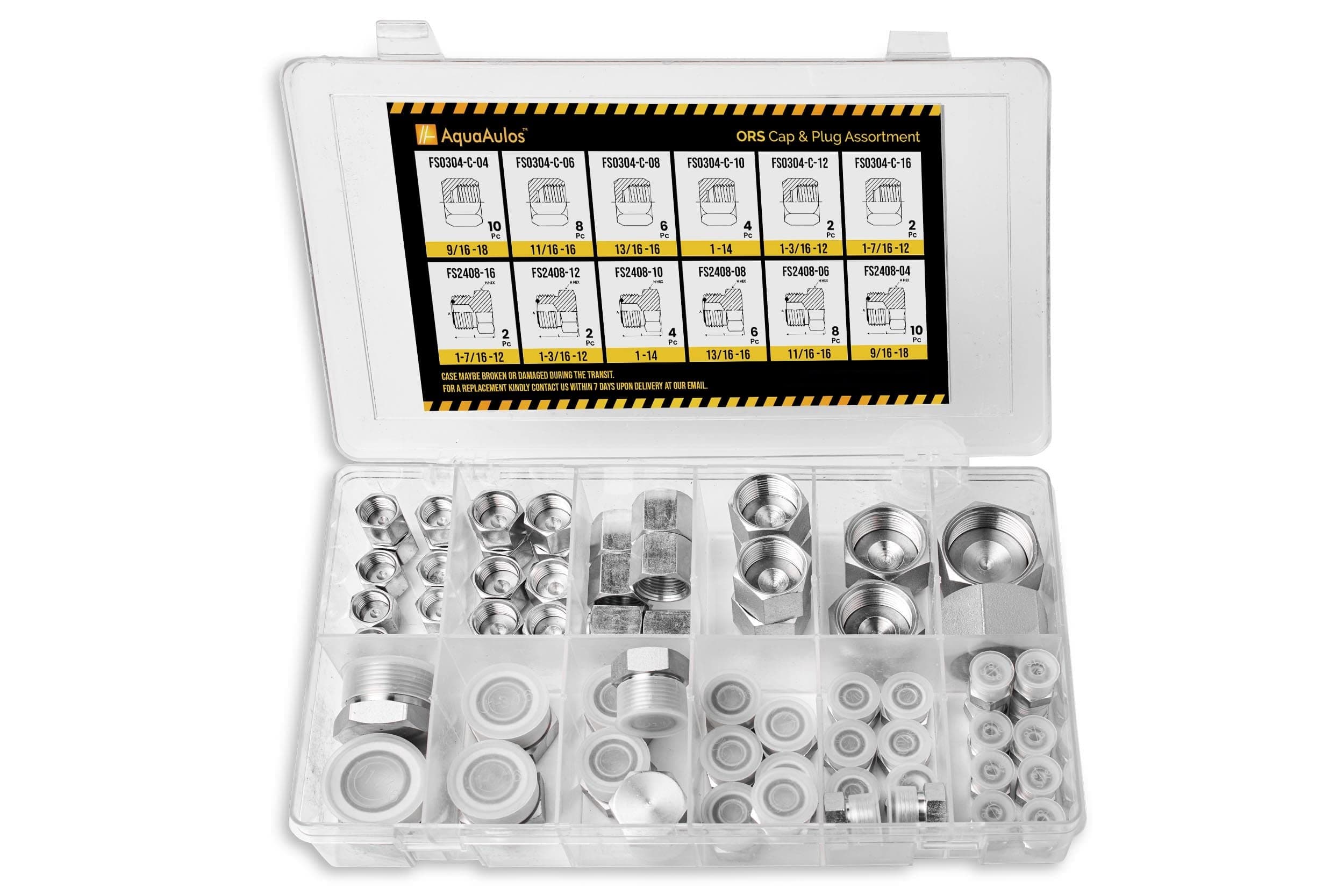64 Pcs. ORFS Cap & Plug Assortment Kit, Seal Adapter Set for Hydraulic Hose Tube and Pipe, O-Ring Face Seal Fittings, Galvanized Carbon Steel with Precision Threading, Dash Sizes 4 6 8 10 12 16