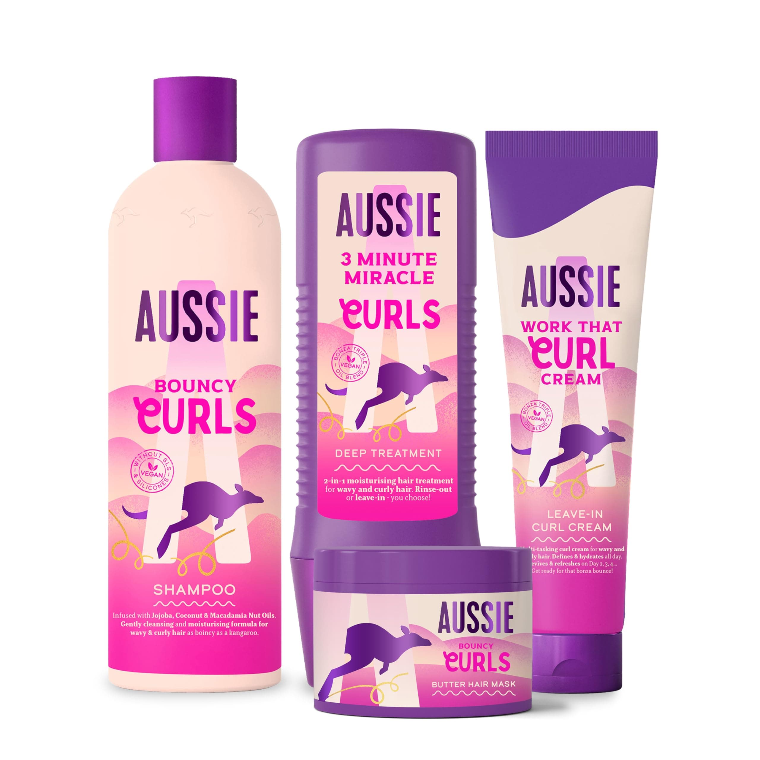 Aussie Curls Shampoo and Conditioner Set with Leave In Conditioner Curl Cream and Curl Hair Mask. Curly Hair products with coconut oil. 300/225/160/450ml