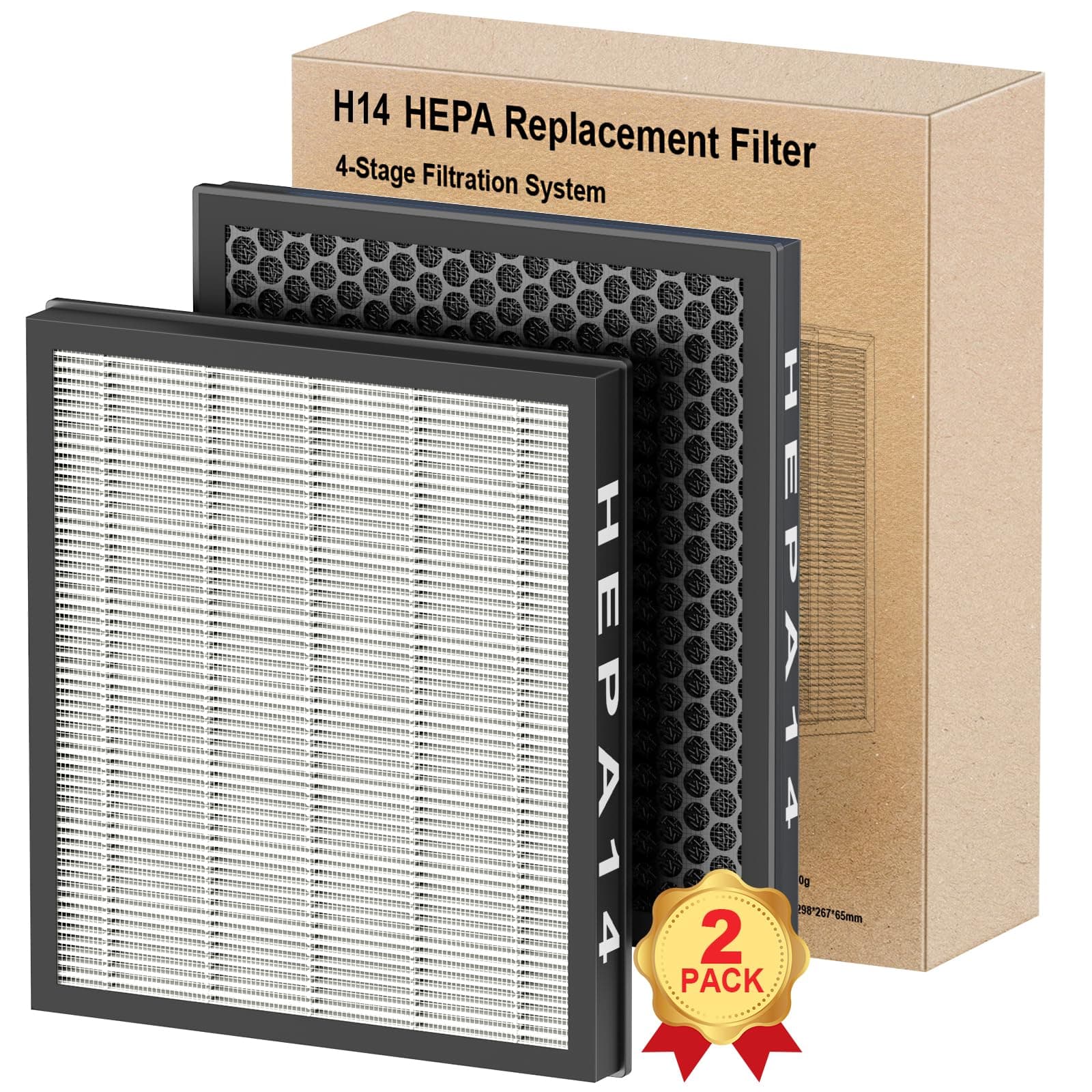 Air Purifier H14 Fliter Replacement 2 Pack Compatible AP307/AP407 Air Purifiers, 4-in-1 True HEPA14 High-Efficiency Activated Carbon for Dust, Pet Dander, Smoke, Pollen(Original Filter)