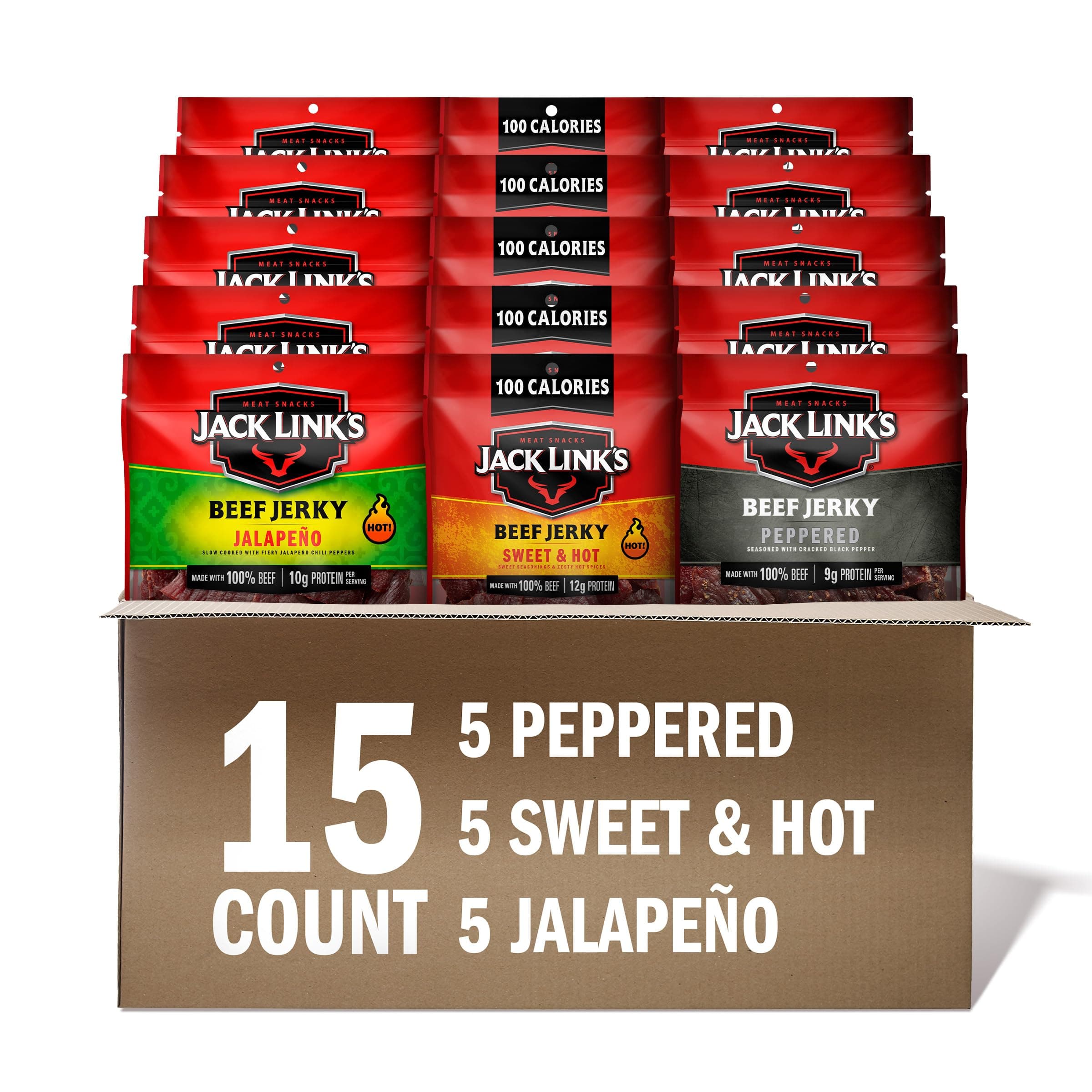 Jack Link's Beef Jerky Variety Pack - Includes Sweet & Hot, Jalapeno and Peppered Beef Jerky - 1.25 oz (Pack of 15)