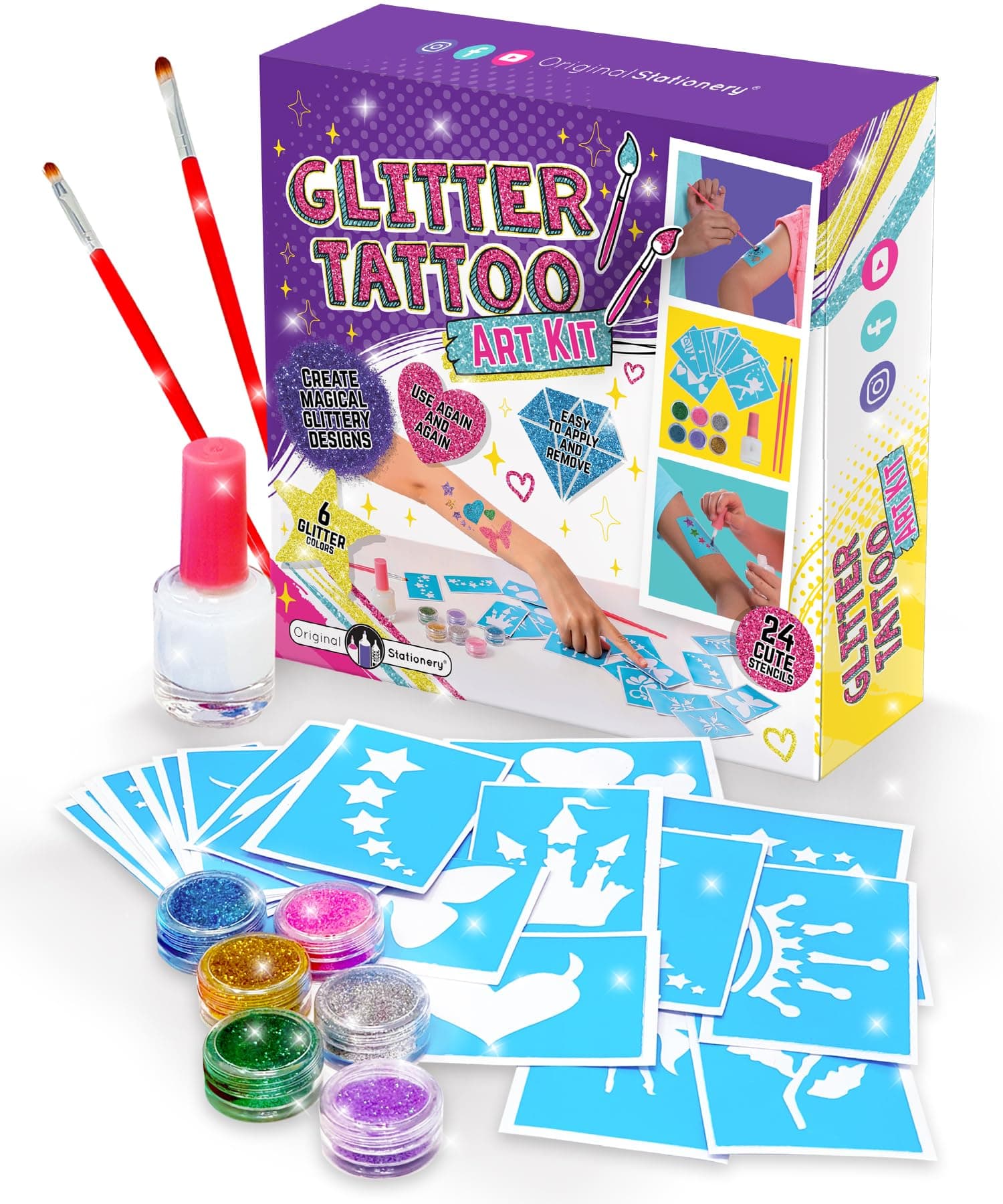 Glitter Tattoo Kit - 33-Piece Multicolor Set, Ages 3-8, 24 Stencils, 6 Color Pots, 2 Brushes & Adhesive - Glitter Tattoos for Kids & Sleepover Party Supplies, Easter Gift