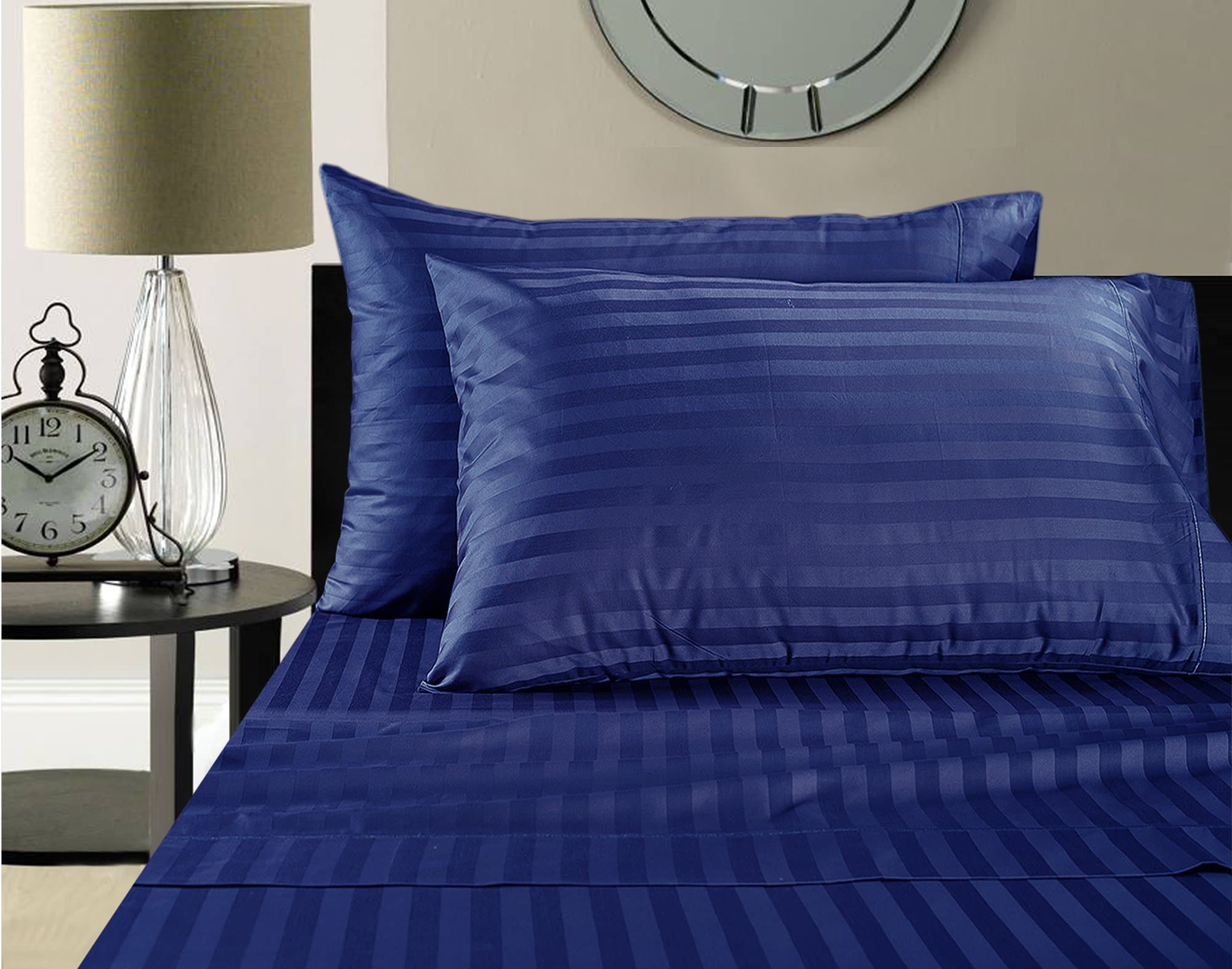 Premier Consulting Services 500 Thread Count Damask Stripe 100% Egyptian Cotton Sheet Set (Queen, Nautical Blue)