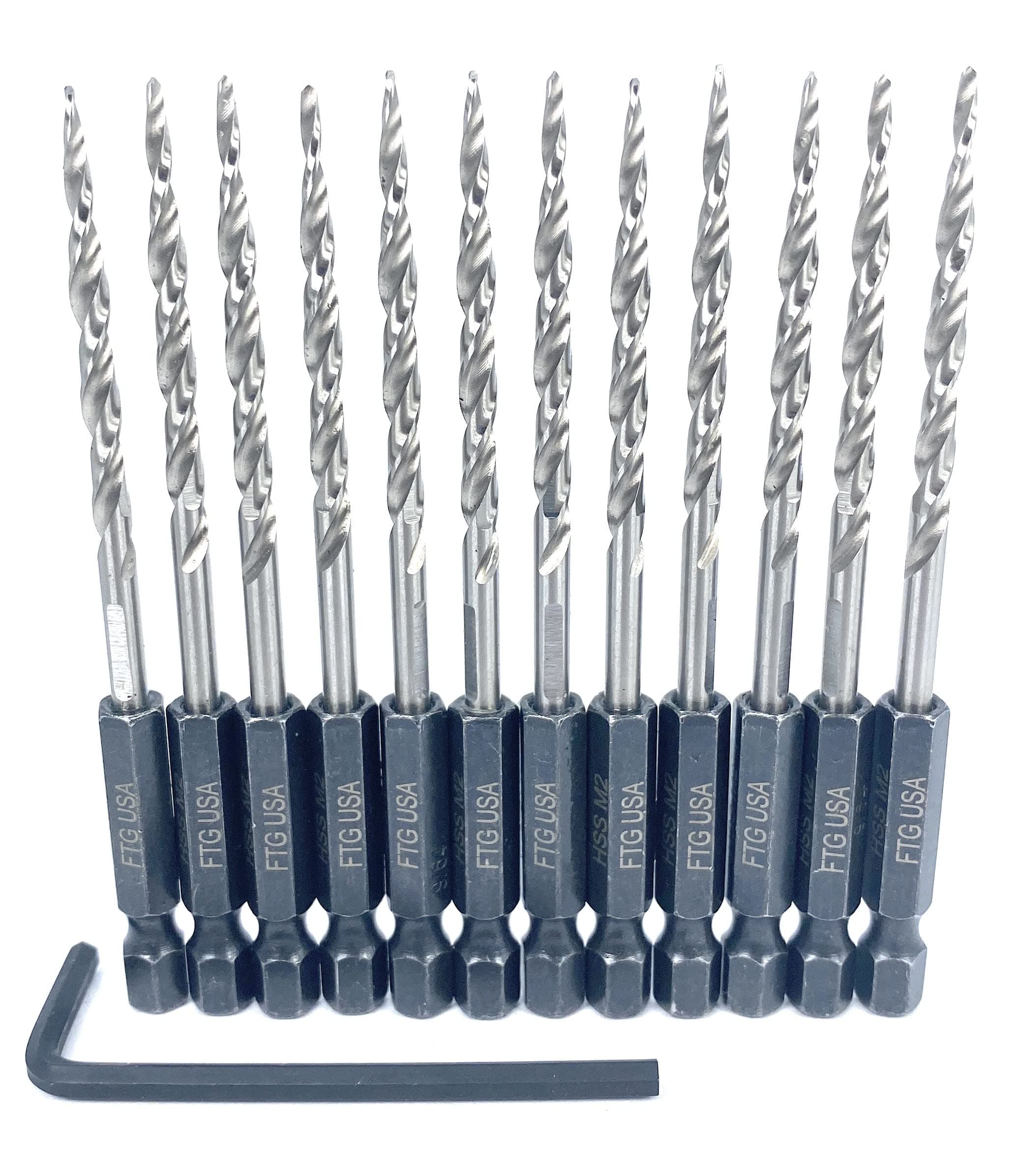 FTG USATapered Drill Bits for Wood 12 Pc #6 (9/64") All Same Size Replacement for FTG Countersink Drill Bit Set