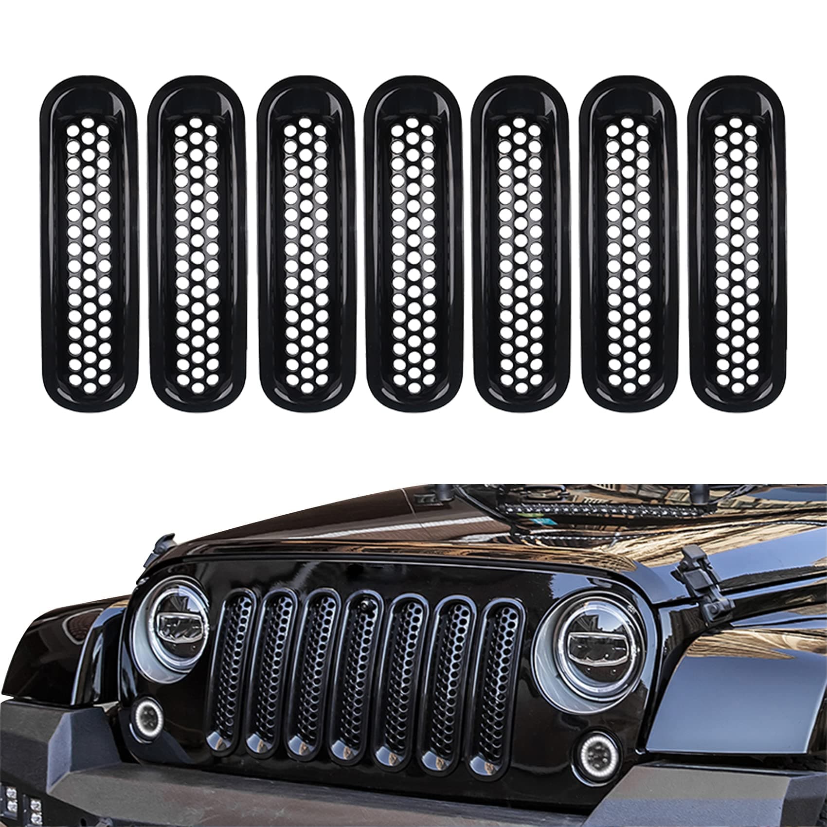 ASUBHA 7PCS Front Grill Mesh Inserts, Matte Black Front Mesh Grille Cover Guard Clip-in Compatible with Jeep JK Wrangler & Wrangler Unlimited 2007-2018 Accessories Clip-in Grille Guard Cover Trim